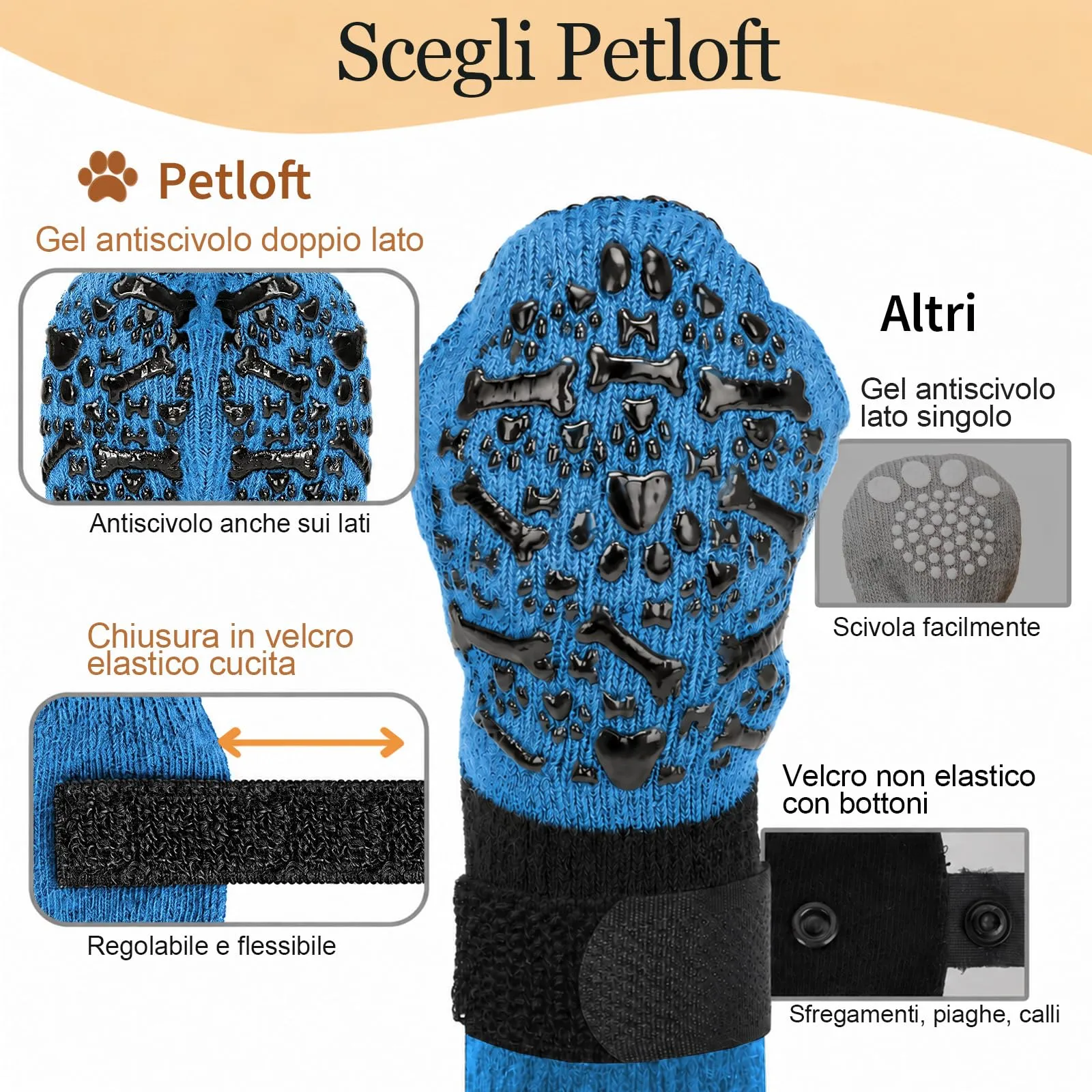 PETLOFT Calzini Antiscivolo per Cani, Prevengono Le Leccate e Graffi, Migliorano la Trazione, Adatti a Cani da Taglia Media a Grande, Regolabili con Gancio e Anello (M, Blu, Ossa Cartoon) - immagine 5