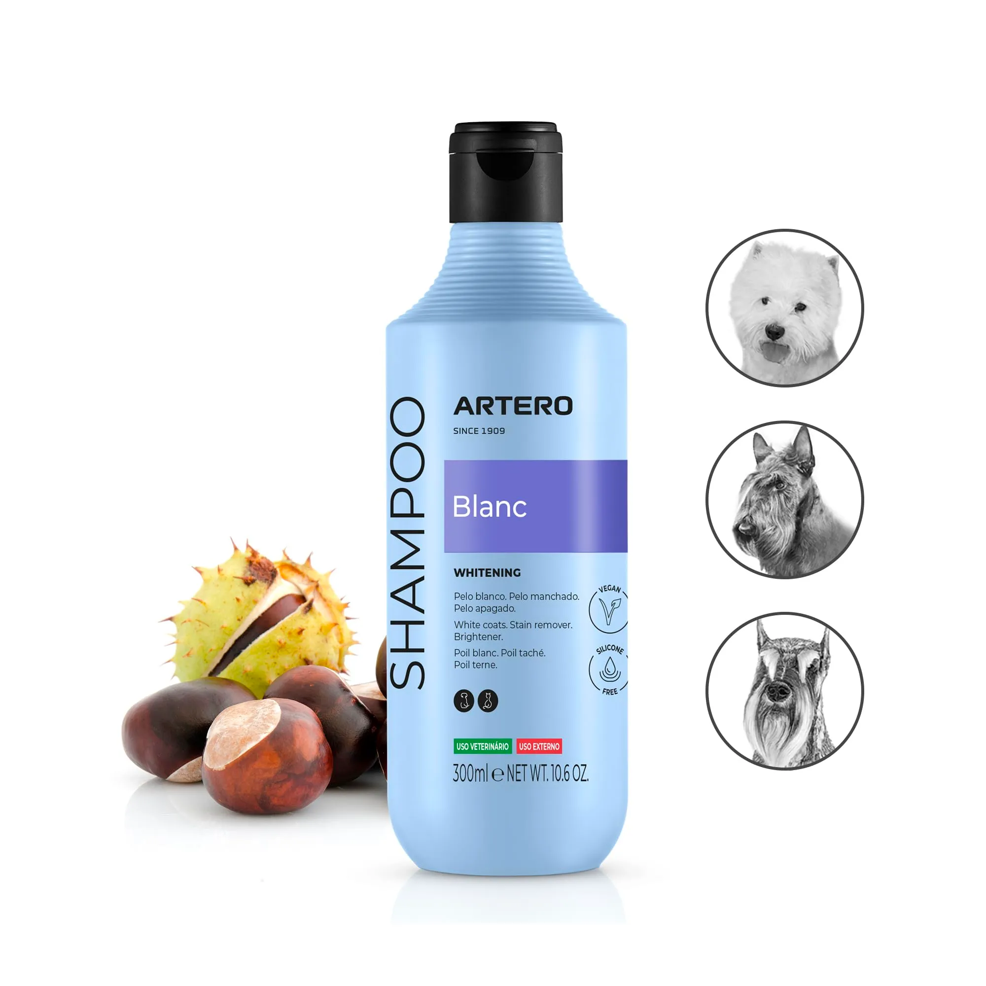 Artero Blanc. Shampoo sbiancante per cani dal pelo bianco. Ottieni un bianco brillante. Lucentezza, morbidezza e pulizia dalle radici alle punte. Adatto per cani neri, grigi e blu, intensificandone - immagine 2