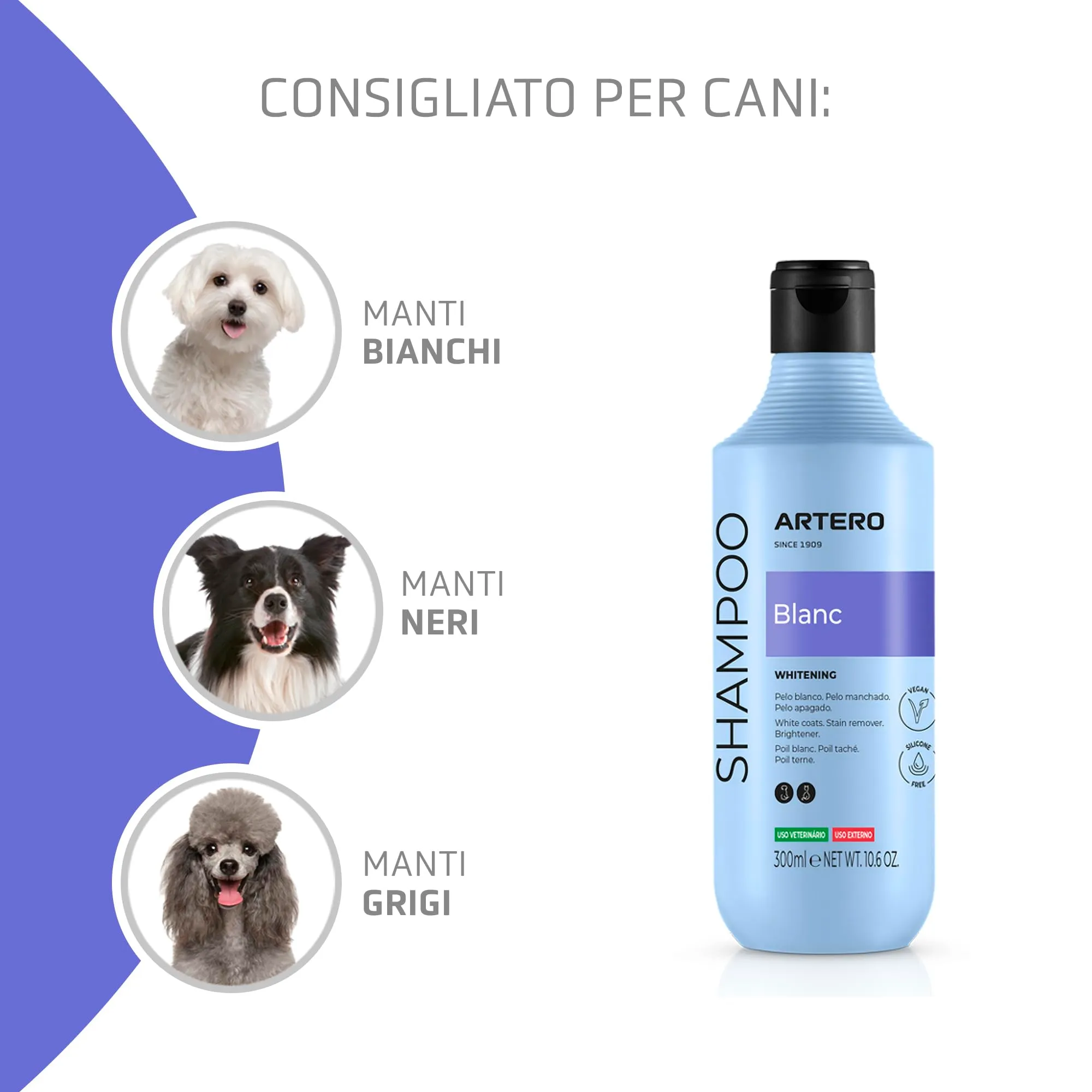 Artero Blanc. Shampoo sbiancante per cani dal pelo bianco. Ottieni un bianco brillante. Lucentezza, morbidezza e pulizia dalle radici alle punte. Adatto per cani neri, grigi e blu, intensificandone - immagine 3