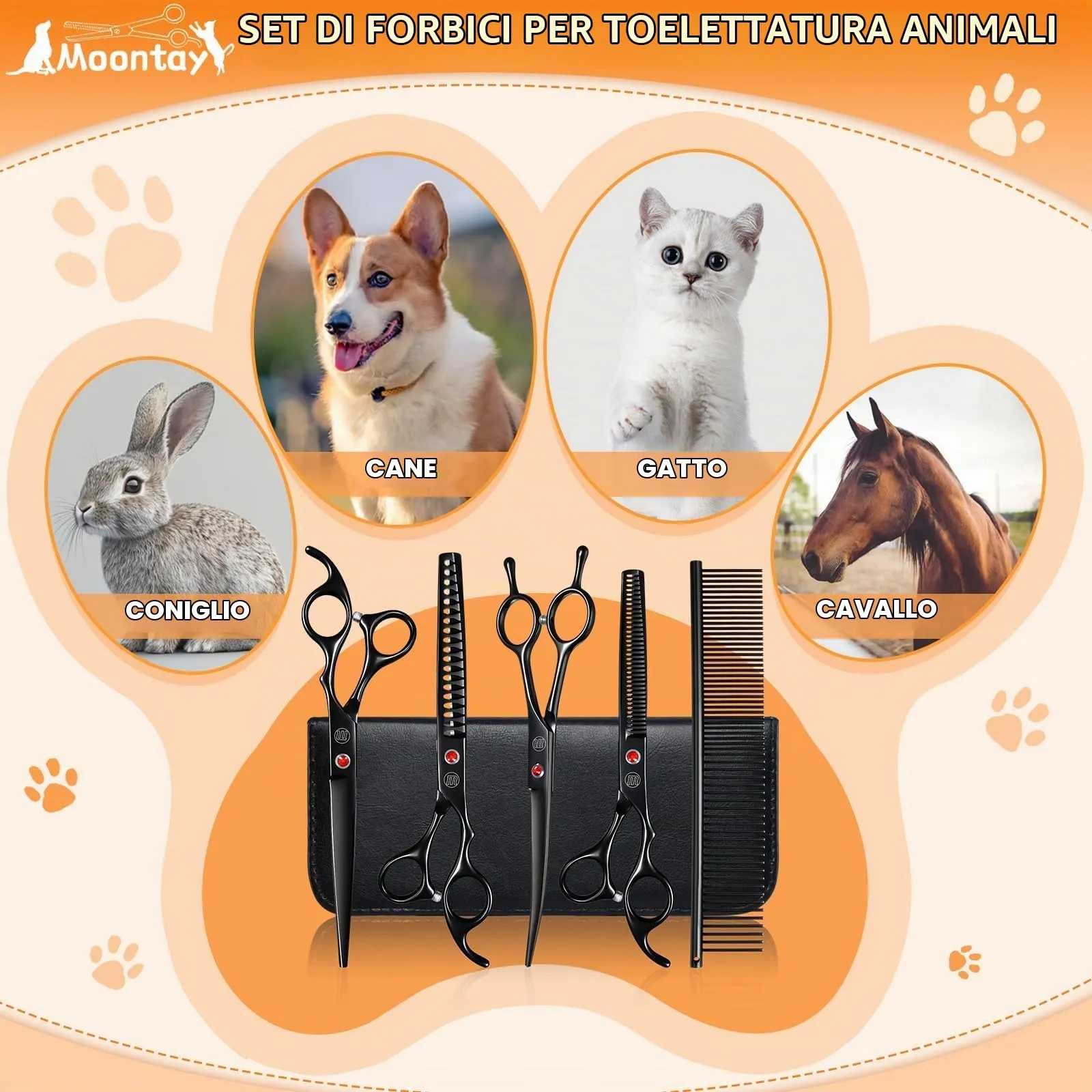 Moontay 8 In 1 Set Forbici Toelettatura Cani Professionali, Nero - immagine 7