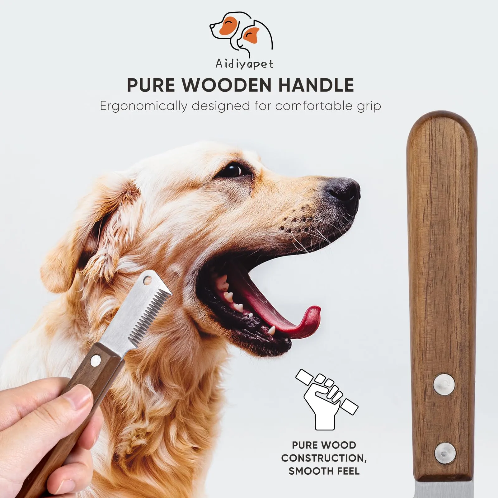 Coltello da Stripping a Denti Stretti,Professionale Spogliarello Knife Coarse Ergonomic Wooden Stripping Knife per Cani Spazzola da toelettatura (Marrone) - immagine 6