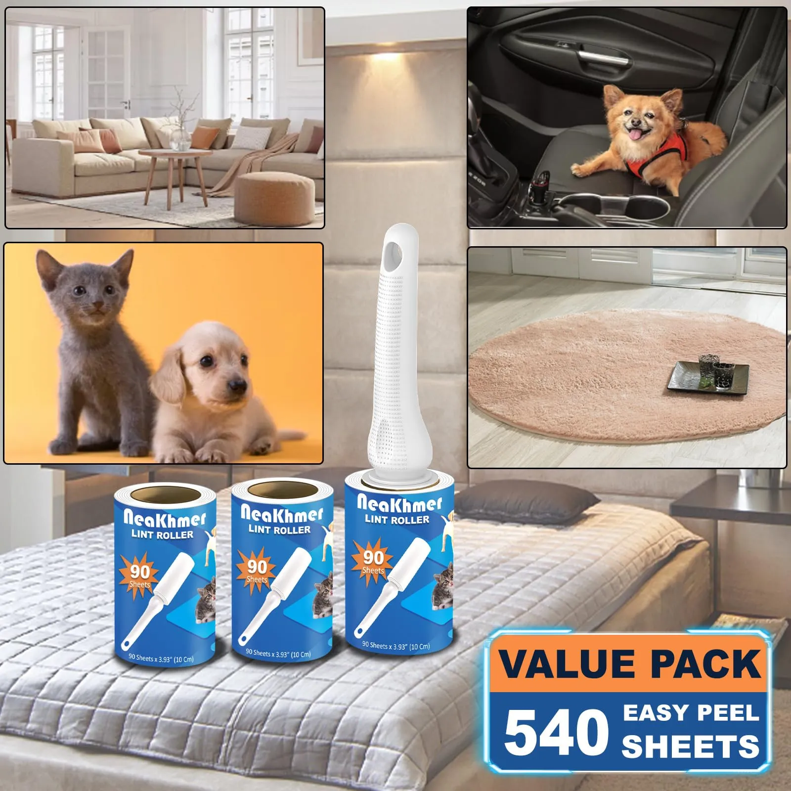 Rullo peli animali, extra appiccicosi 540 fogli, 90 fogli per leva pelucchi, spazzola togli peli animali/rulli di pelucchi/spazzola peli gatto/spazzola peli cane - immagine 6