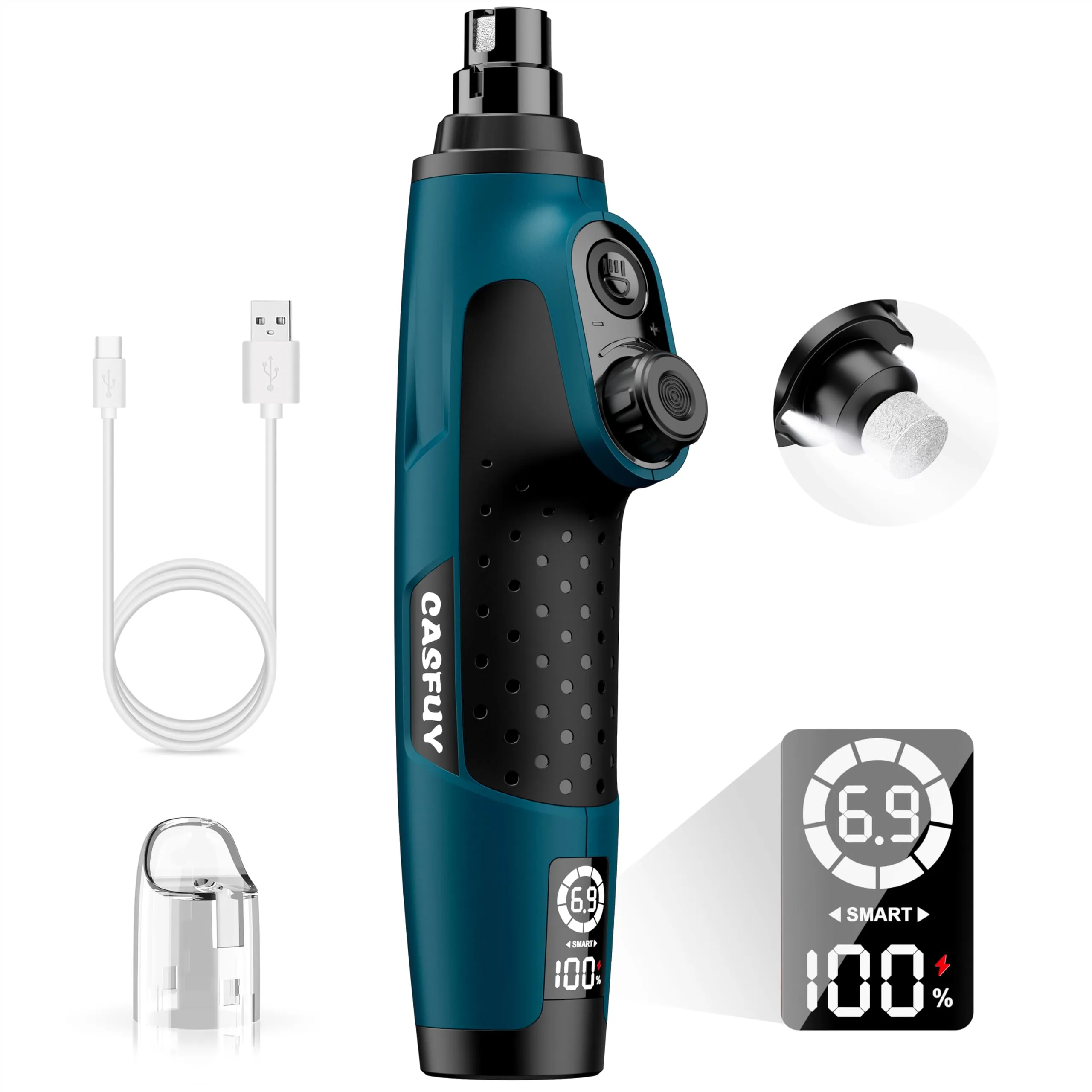 Casfuy Smart - Lima per unghie per cani a 6 velocità, con il 50% di potenza in più, lima per unghie per animali domestici con 2 luci LED, silenziosa, ricaricabile, elettrica, per unghie di cani e - immagine 1