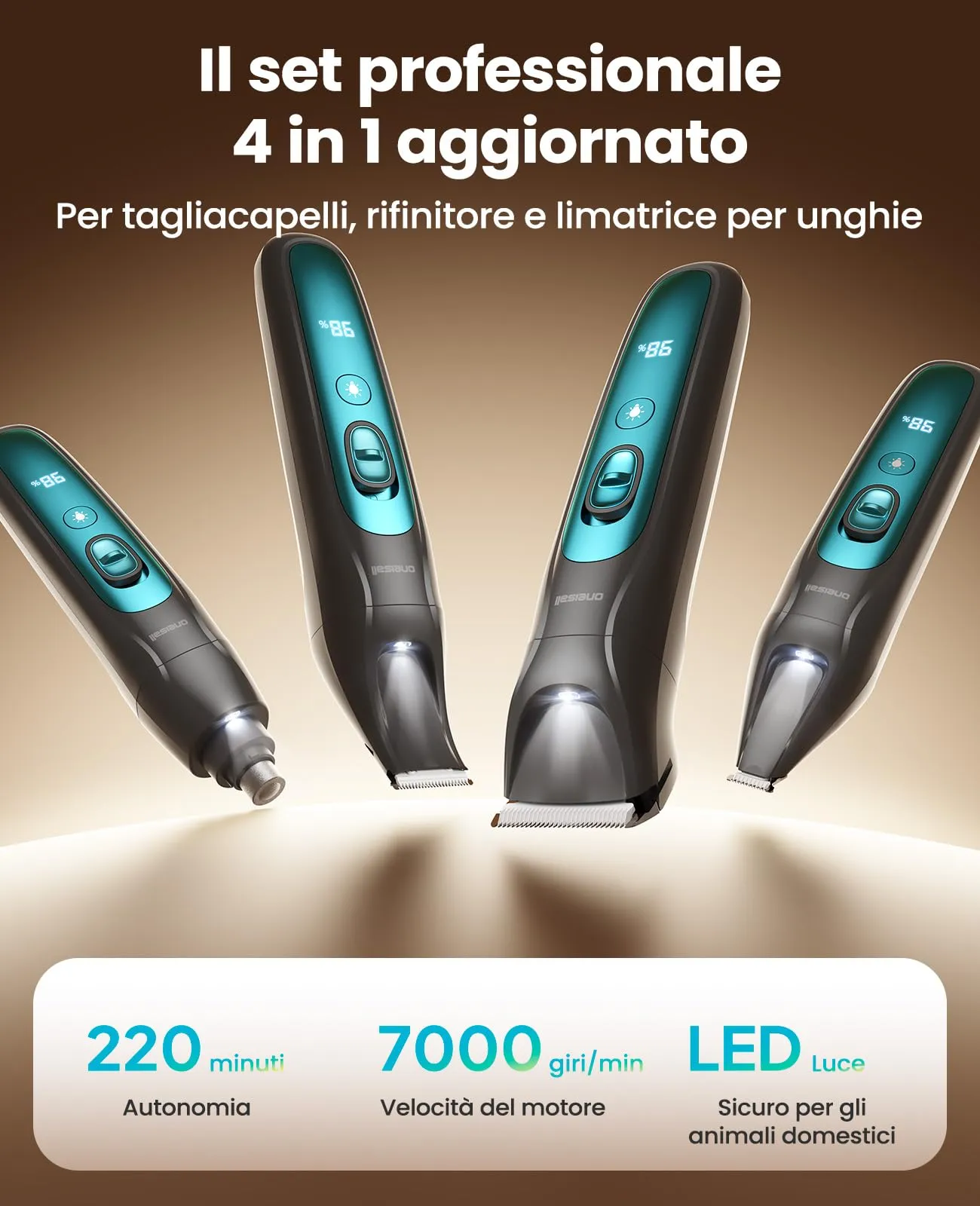oneisall 4 in 1 Tosatrice per Cane Gatto con Luce LED, 2025 Nuova Versione Cura Peli Animali per Rasoio Cani & Zampe & Smerigliatrice Artiglio, 2000mAh Ricaricabile Rasoio per Cani (Blau, 4-in-1) - immagine 3