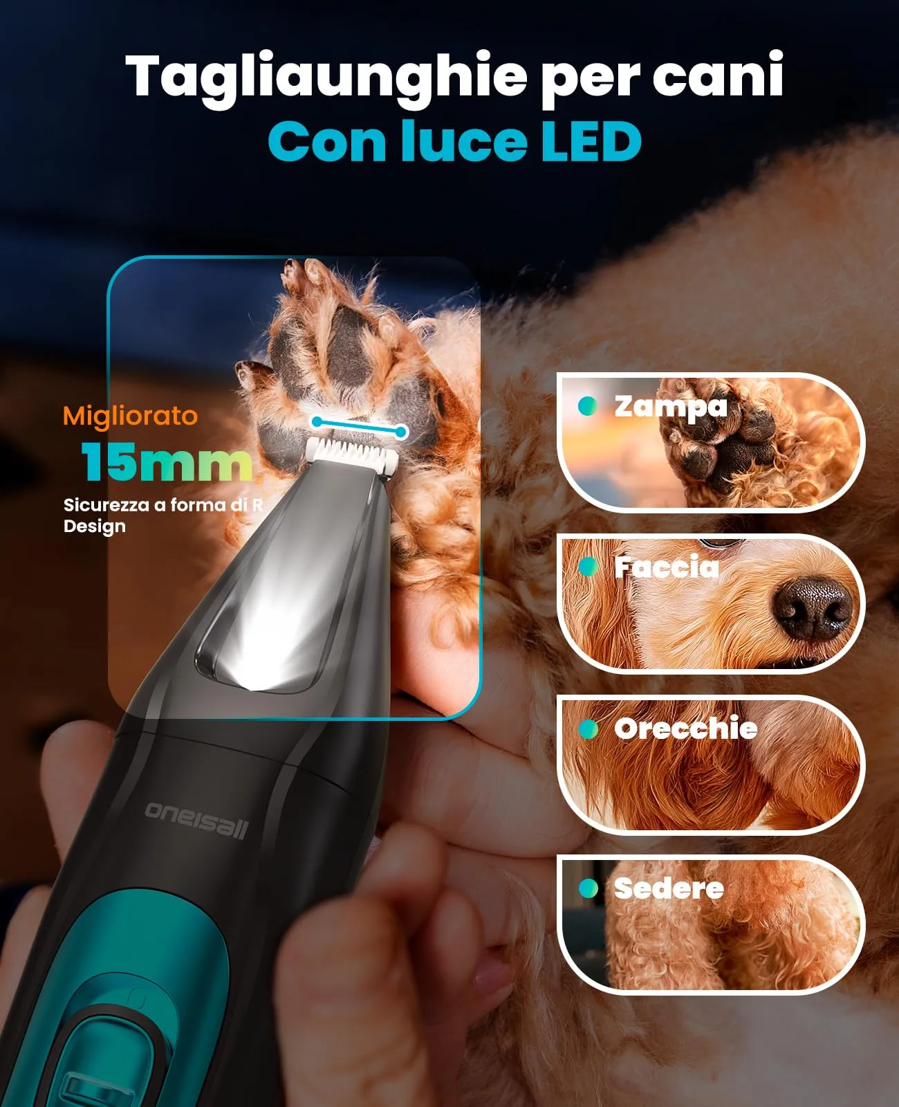 oneisall 4 in 1 Tosatrice per Cane Gatto con Luce LED, 2025 Nuova Versione Cura Peli Animali per Rasoio Cani & Zampe & Smerigliatrice Artiglio, 2000mAh Ricaricabile Rasoio per Cani (Blau, 4-in-1) - immagine 7