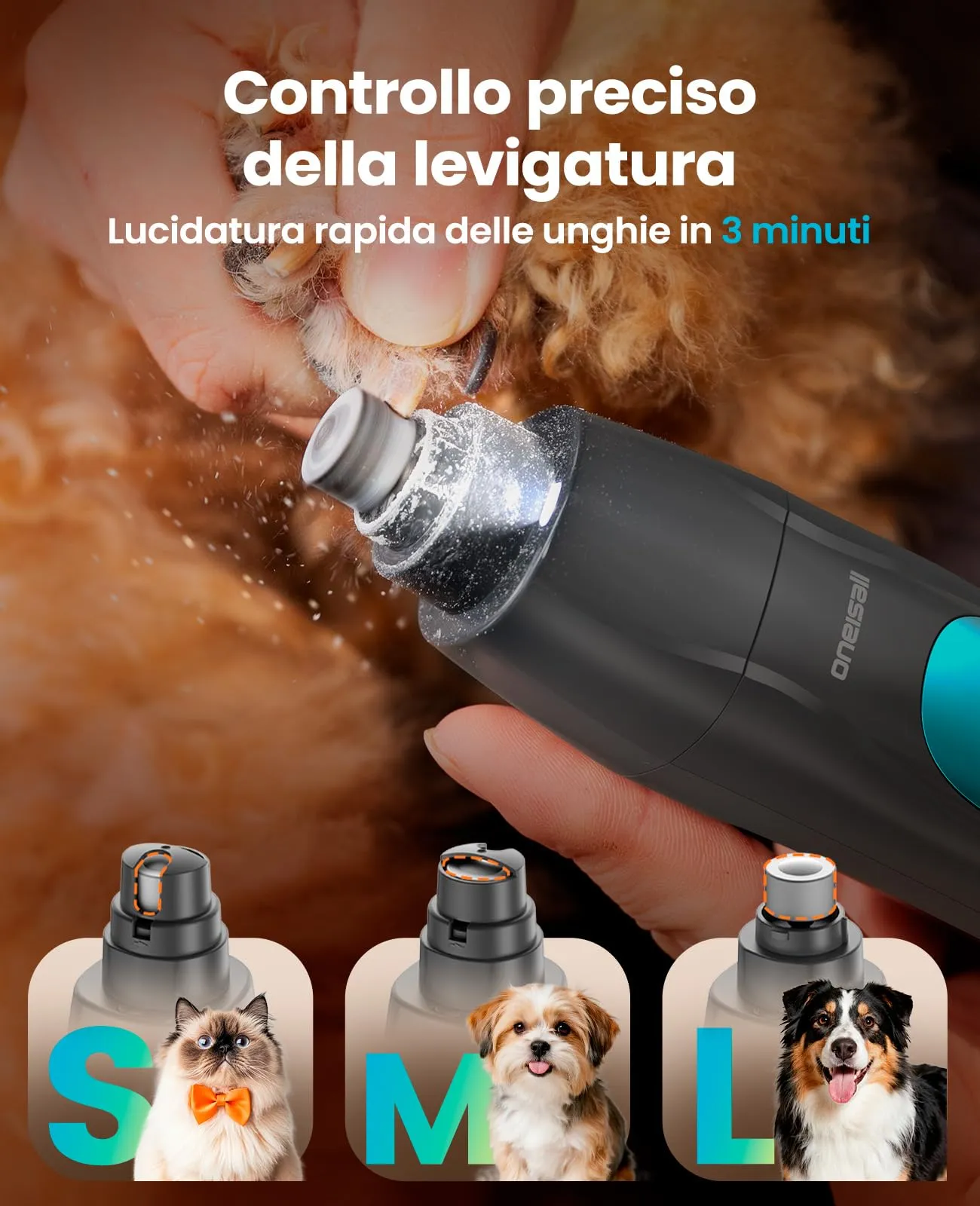 oneisall 4 in 1 Tosatrice per Cane Gatto con Luce LED, 2025 Nuova Versione Cura Peli Animali per Rasoio Cani & Zampe & Smerigliatrice Artiglio, 2000mAh Ricaricabile Rasoio per Cani (Blau, 4-in-1) - immagine 8