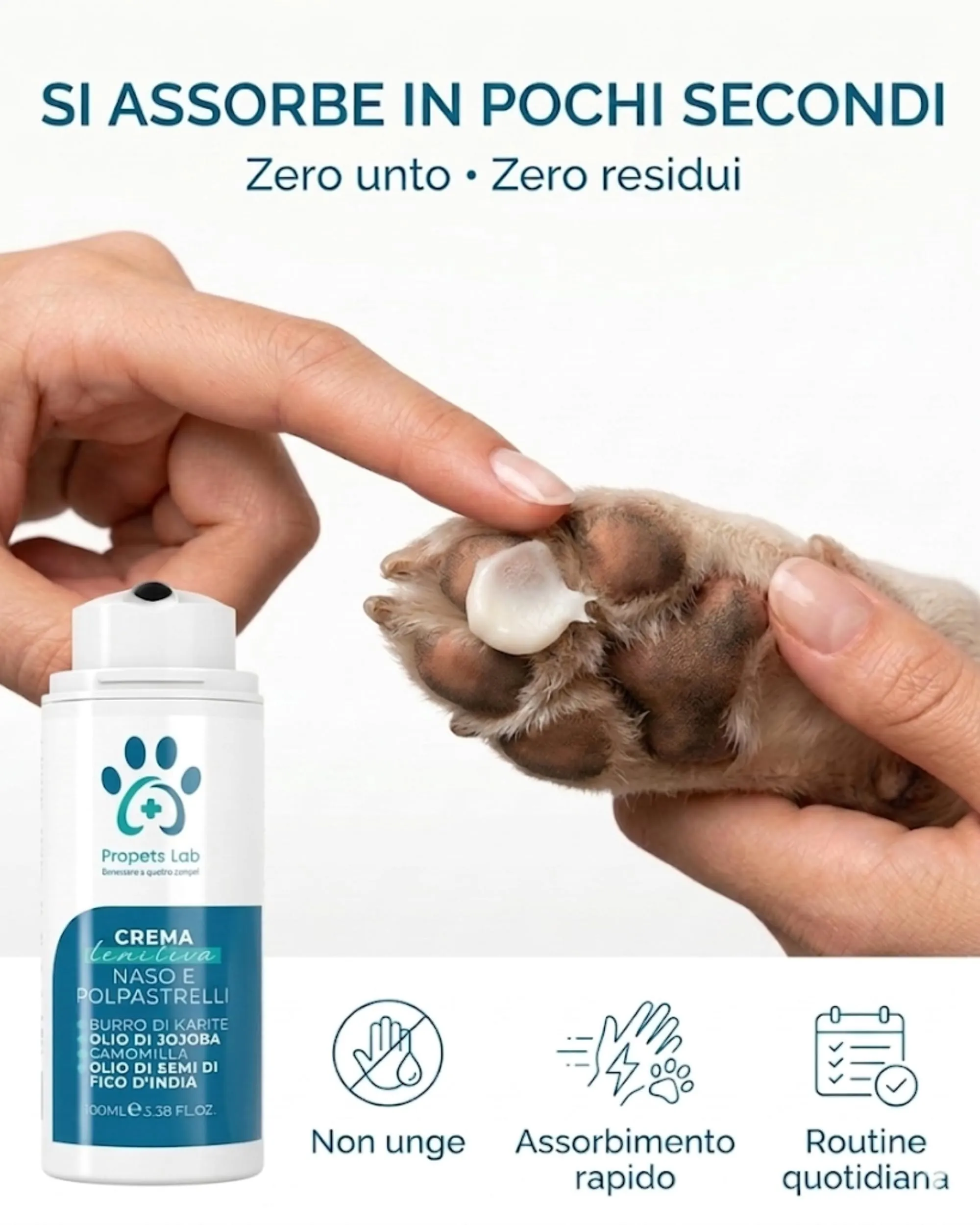 Propets Lab Crema Polpastrelli Cane 100 Ml, Balsamo Zampe e Naso Cane, Idratante, Protettiva e Lenitiva per Uso Quotidiano con Burro di Karitè e Olio di Fico d'India Ideale in Estate ed Inverno - immagine 2