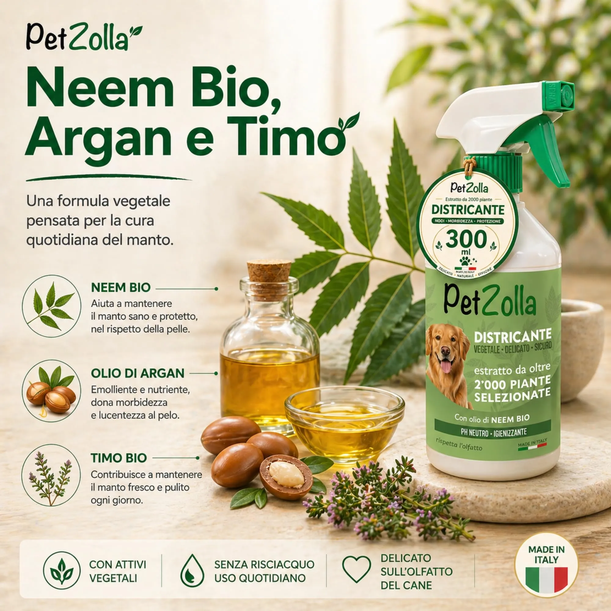 Spray districante sciogli nodi pelo cane 300 ml, Districante Pelo Cane con Olio di Neem Bio, Argan e Timo, protegge nutre ed igienizza, delicato ed efficacie, Made in Italy - immagine 2