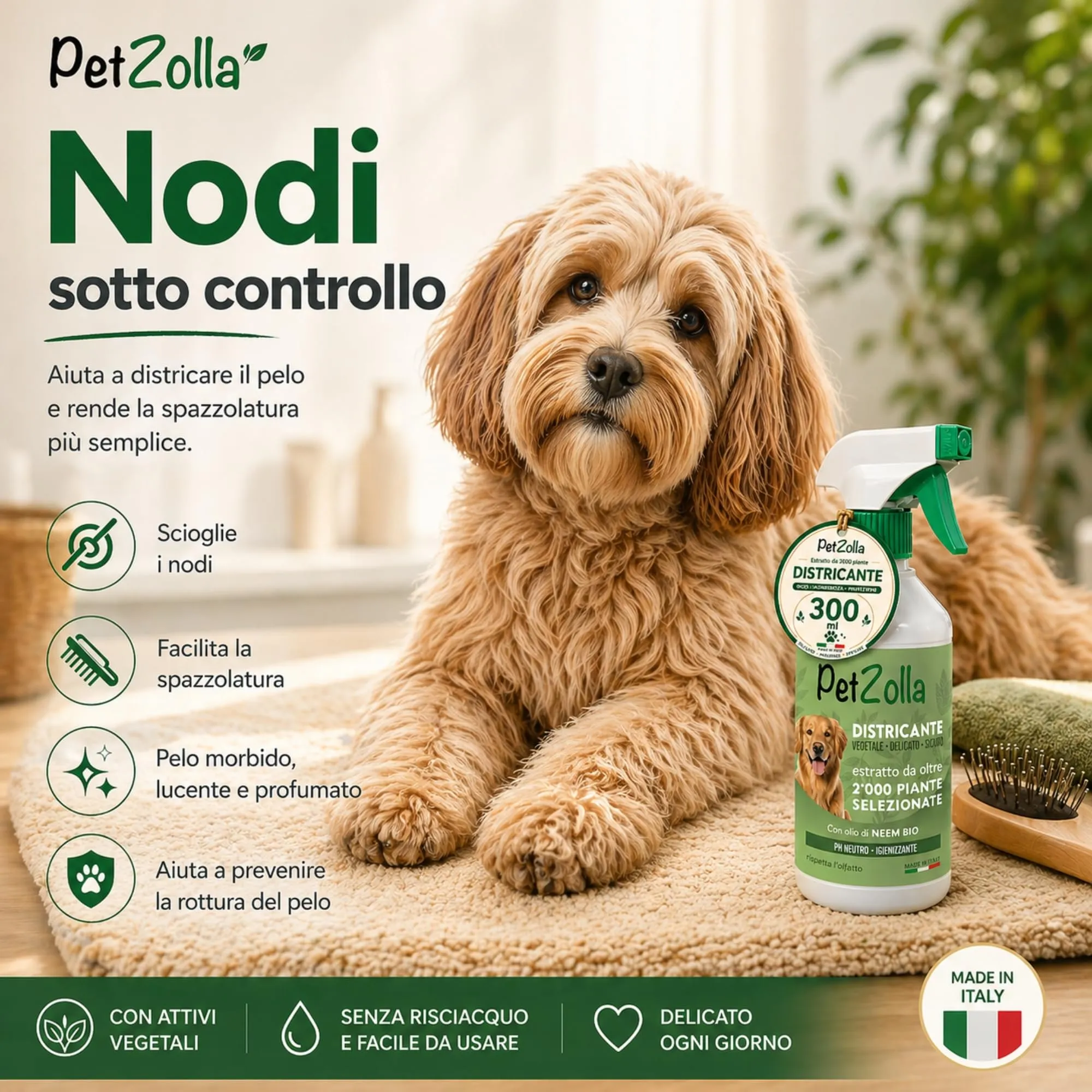 Spray districante sciogli nodi pelo cane 300 ml, Districante Pelo Cane con Olio di Neem Bio, Argan e Timo, protegge nutre ed igienizza, delicato ed efficacie, Made in Italy - immagine 3