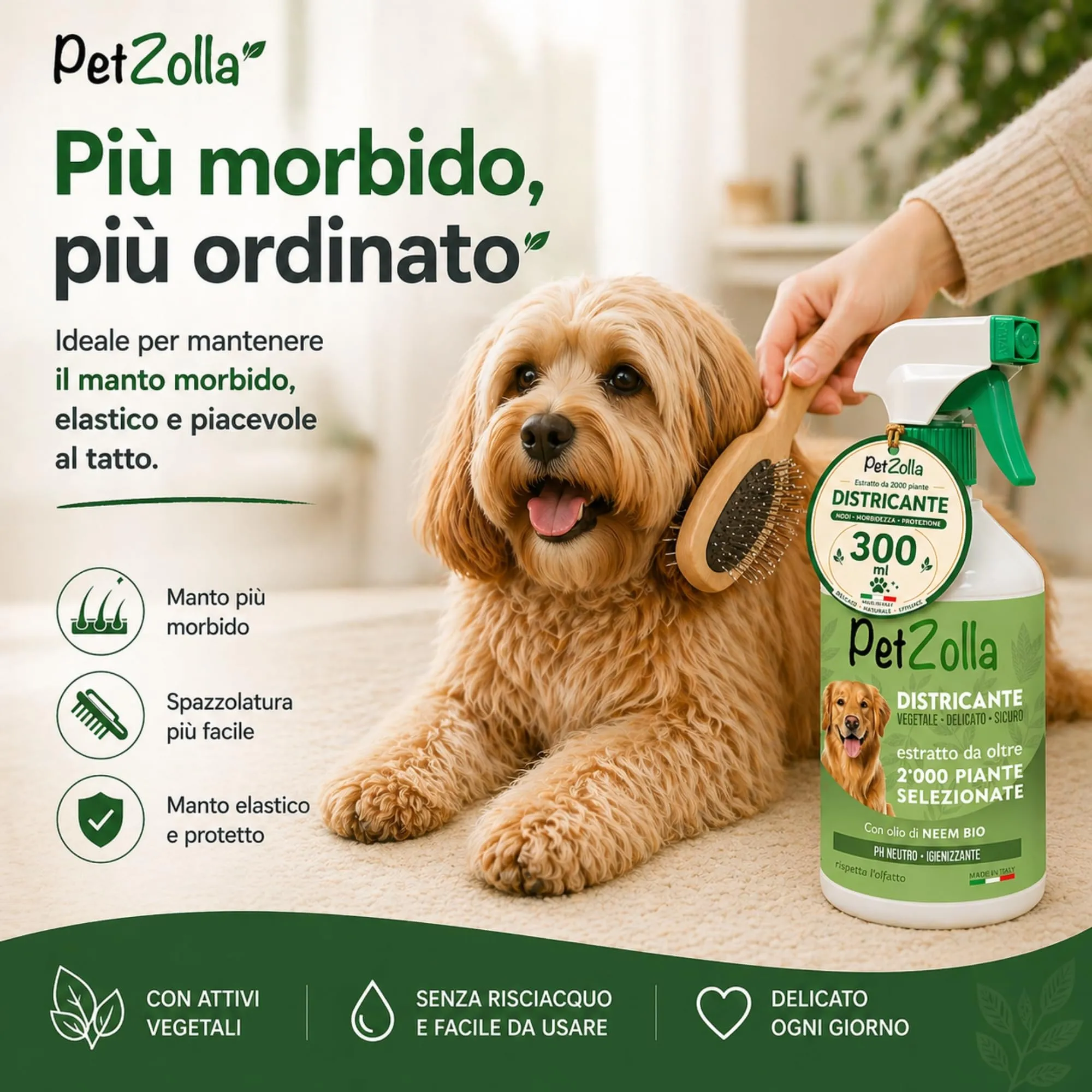 Spray districante sciogli nodi pelo cane 300 ml, Districante Pelo Cane con Olio di Neem Bio, Argan e Timo, protegge nutre ed igienizza, delicato ed efficacie, Made in Italy - immagine 4