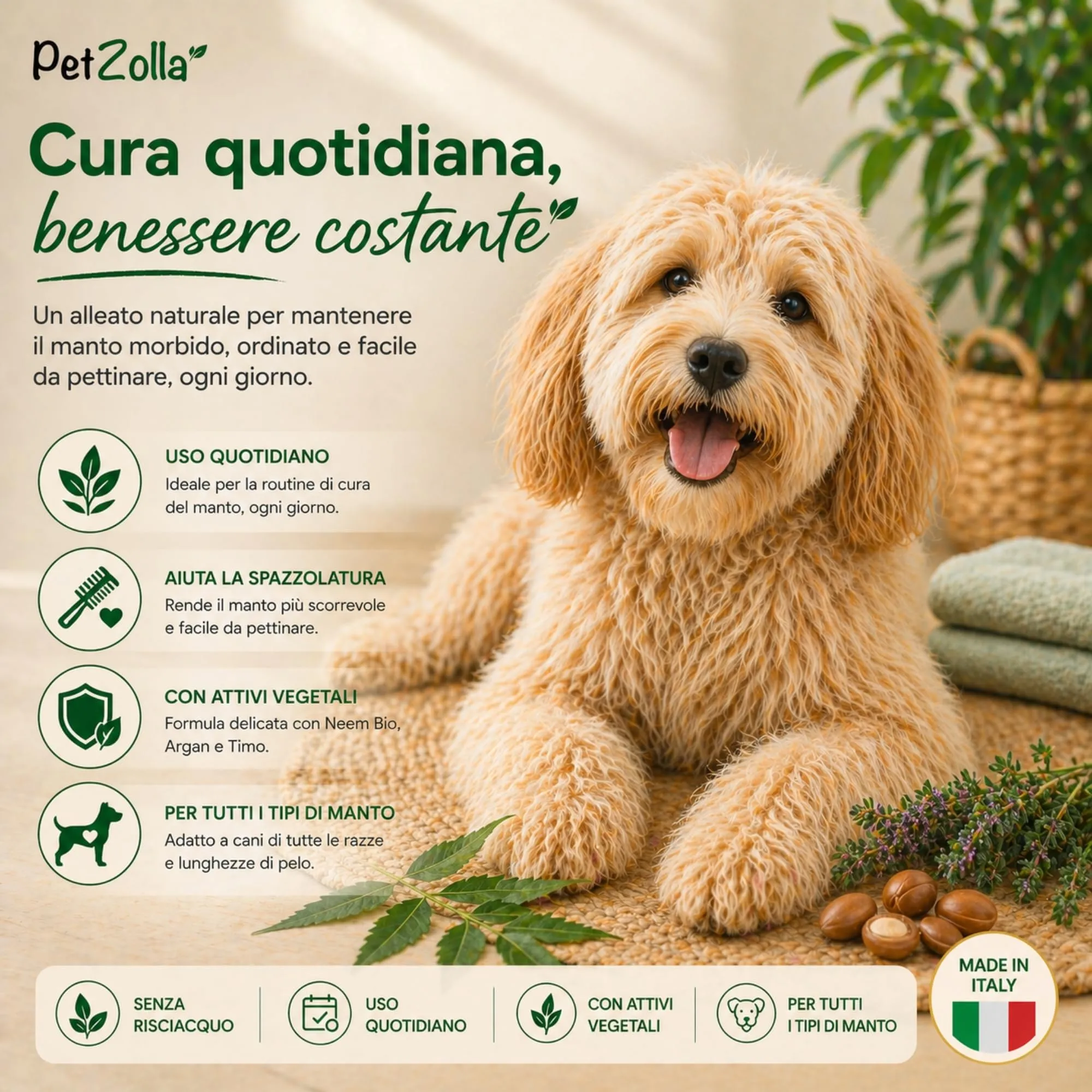 Spray districante sciogli nodi pelo cane 300 ml, Districante Pelo Cane con Olio di Neem Bio, Argan e Timo, protegge nutre ed igienizza, delicato ed efficacie, Made in Italy - immagine 6