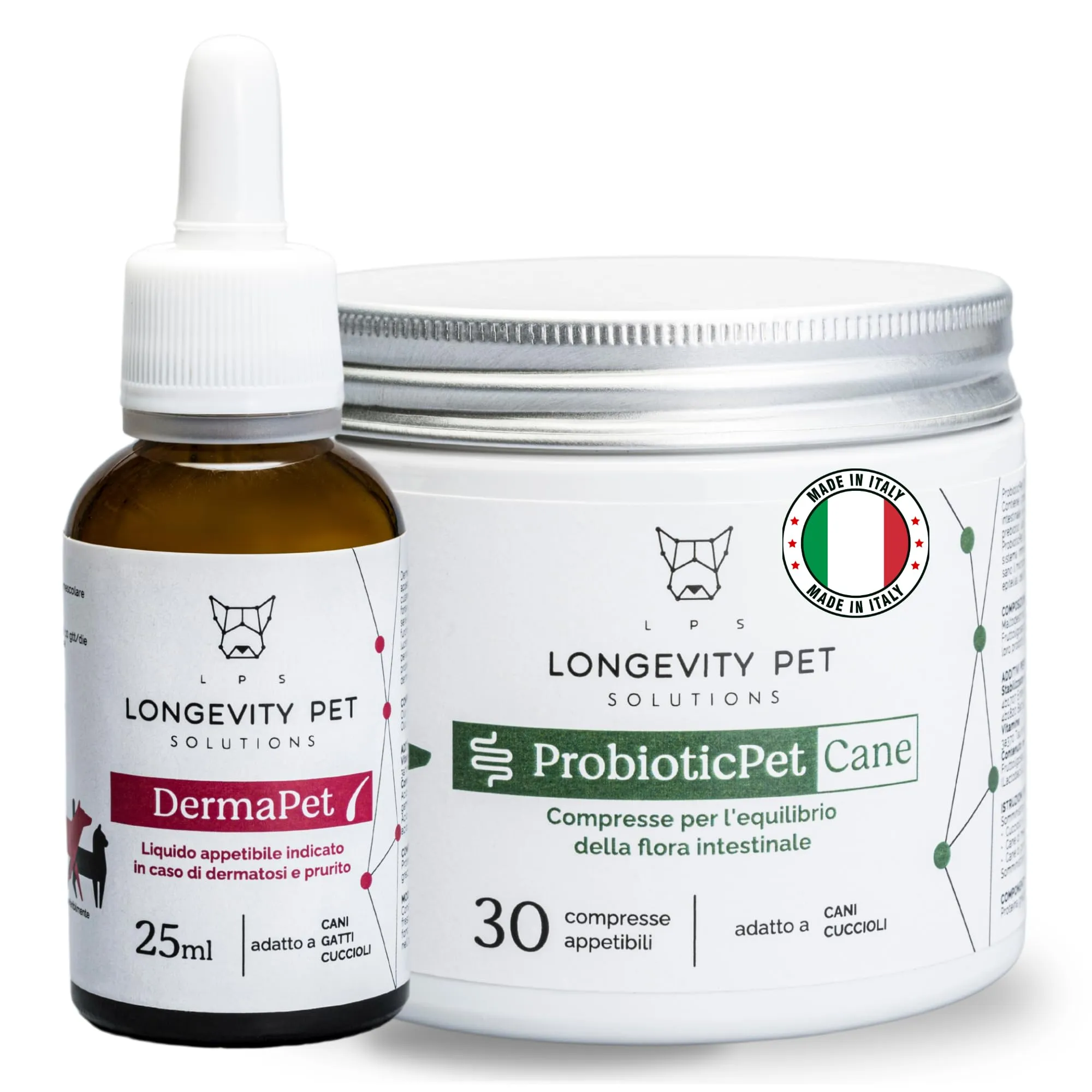 Soluzione Prurito | DermaPet Integratore Dermatite per Cute Cani e Gatti + ProbioticPet Cane 30 Cpr per Dermatite, Digestione | Integratore Prurito Cani e Gatti - Longevity Pet - immagine 1