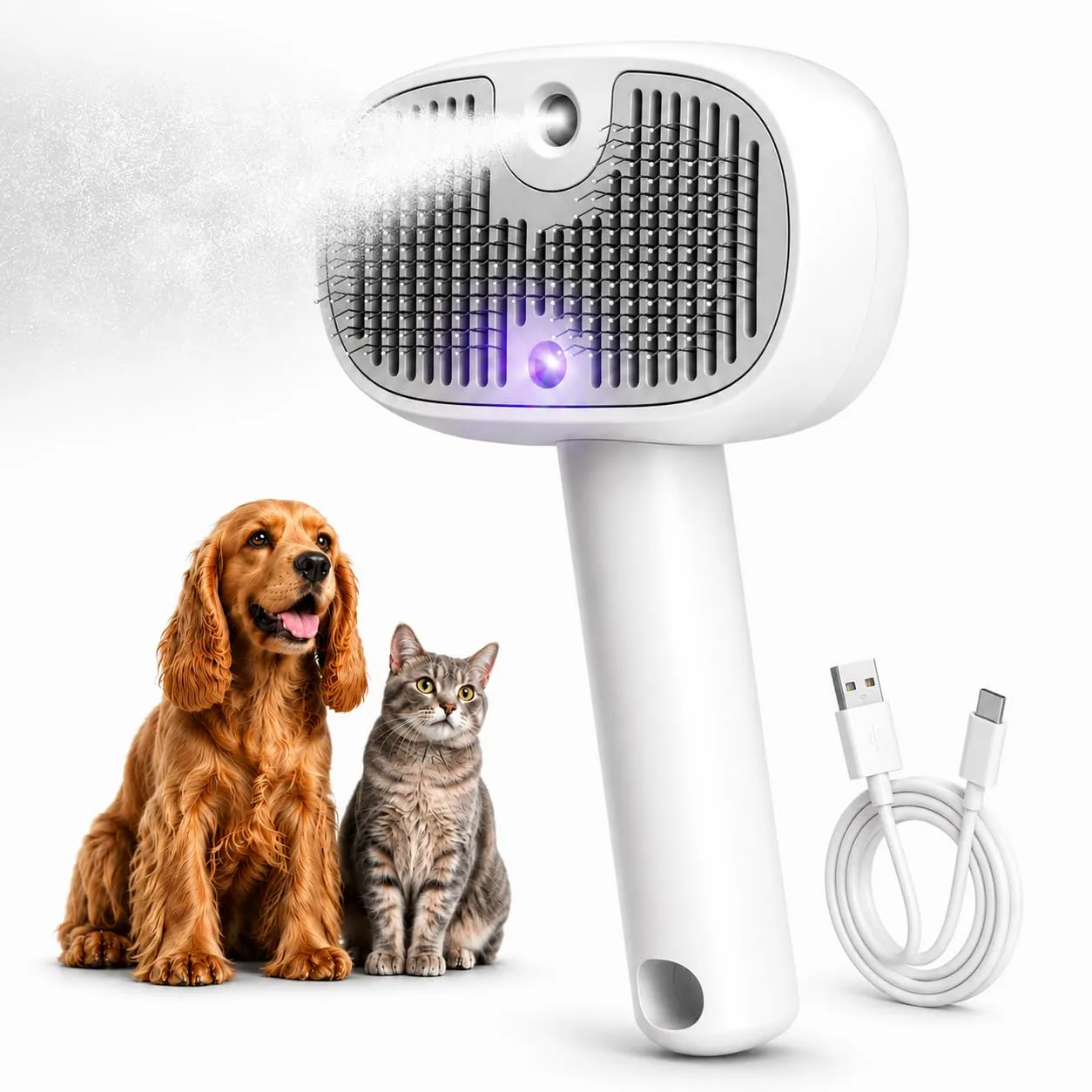 Spazzola a Vapore per Cani e Gatti con Luce UV, Rimuovi Pelo USB - immagine 1