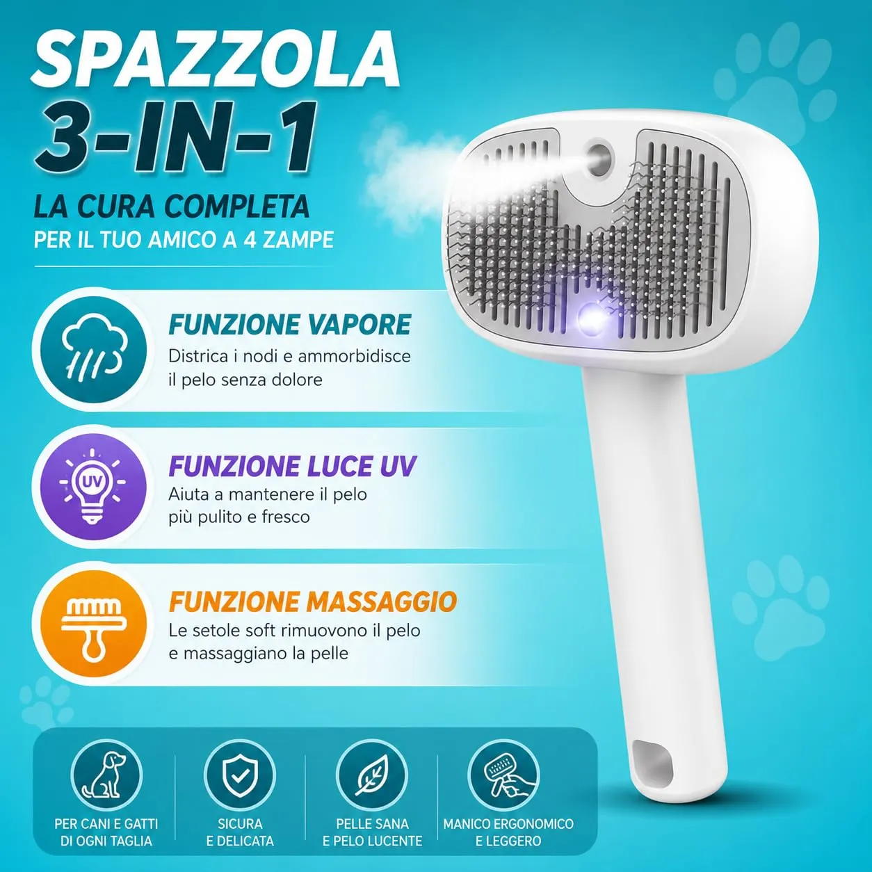 Spazzola a Vapore per Cani e Gatti con Luce UV, Rimuovi Pelo USB - immagine 3