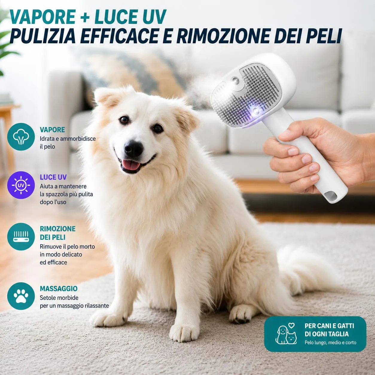 Spazzola a Vapore per Cani e Gatti con Luce UV, Rimuovi Pelo USB - immagine 9