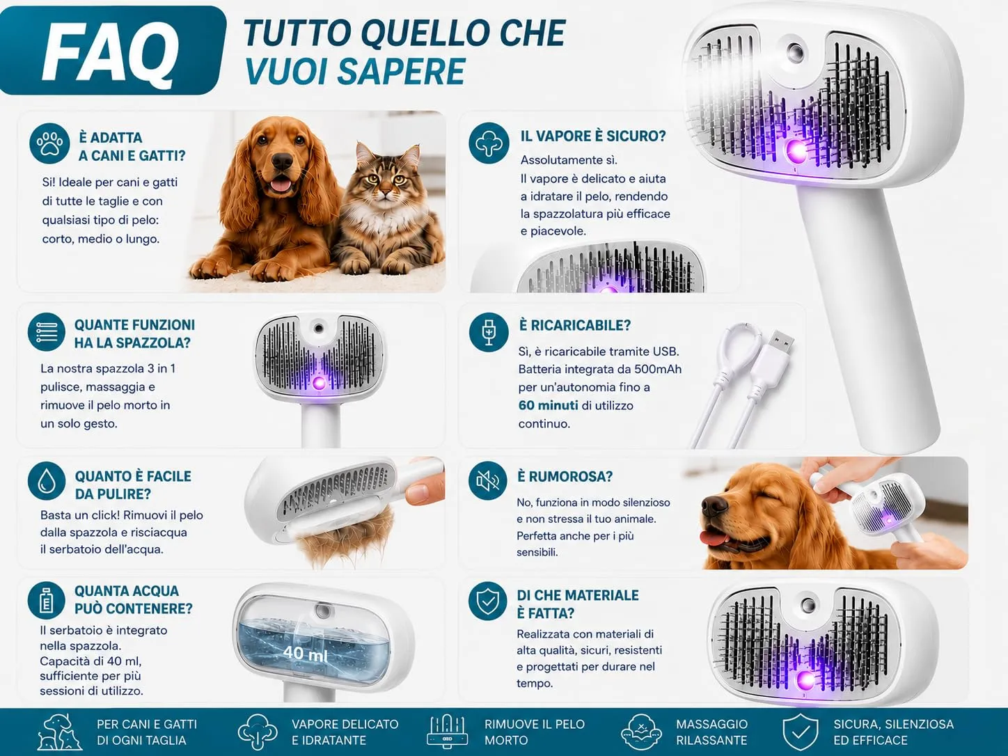Spazzola a Vapore per Cani e Gatti con Luce UV, Rimuovi Pelo USB - immagine 10