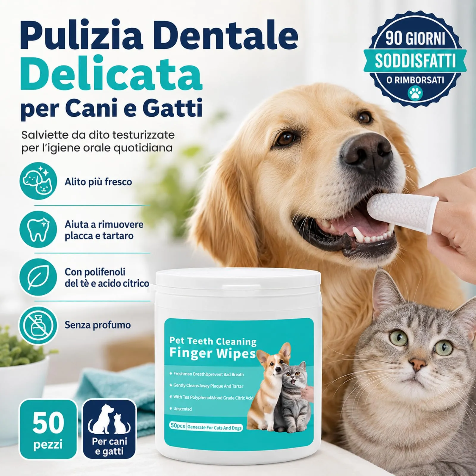 ZampaLife Salviette Dentali per Cani e Gatti, 50 Pezzi, Salviette per Pulizia Denti Animali, Igiene Orale Quotidiana, Salviettine da Dito per Bocca, ZampaLife Salviette Dentali Cane (2 Confezioni) - immagine 2