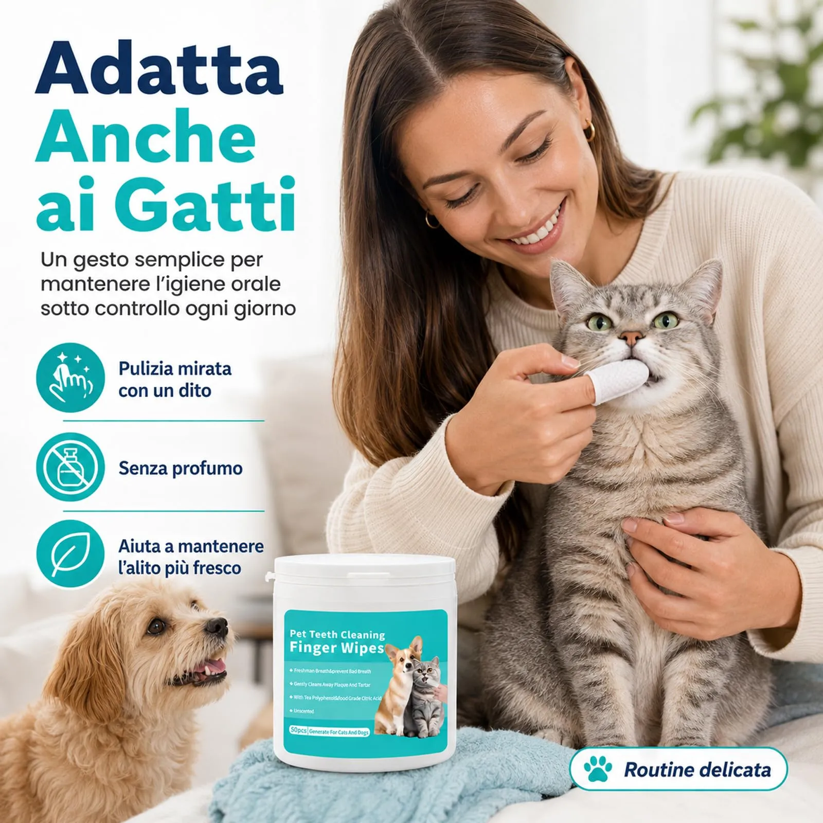 ZampaLife Salviette Dentali per Cani e Gatti, 50 Pezzi, Salviette per Pulizia Denti Animali, Igiene Orale Quotidiana, Salviettine da Dito per Bocca, ZampaLife Salviette Dentali Cane (2 Confezioni) - immagine 4