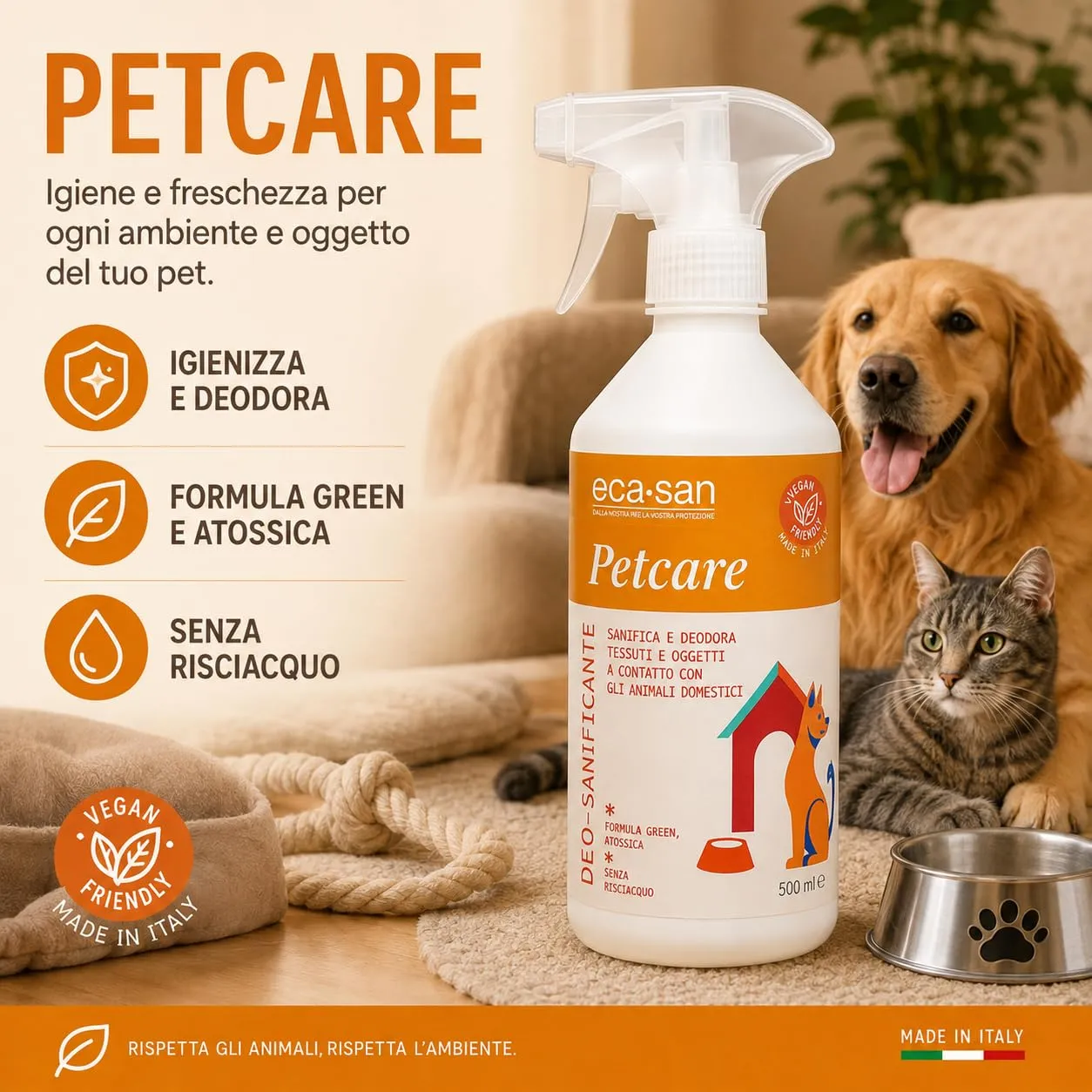 ECA SAN Petcare Pets Deo Sanitizer 500 ml, Spray Igienizzante e Deodorante a Base di Acido Ipocloroso per Cucce, Ciotole, Giochi, Lettiere, Tessuti e Accessori di Cani e Gatti - immagine 2