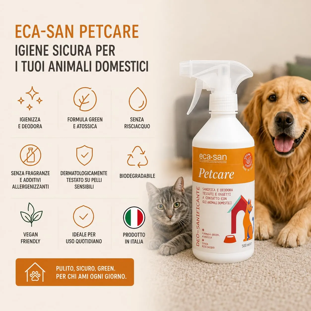 ECA SAN Petcare Pets Deo Sanitizer 500 ml, Spray Igienizzante e Deodorante a Base di Acido Ipocloroso per Cucce, Ciotole, Giochi, Lettiere, Tessuti e Accessori di Cani e Gatti - immagine 3