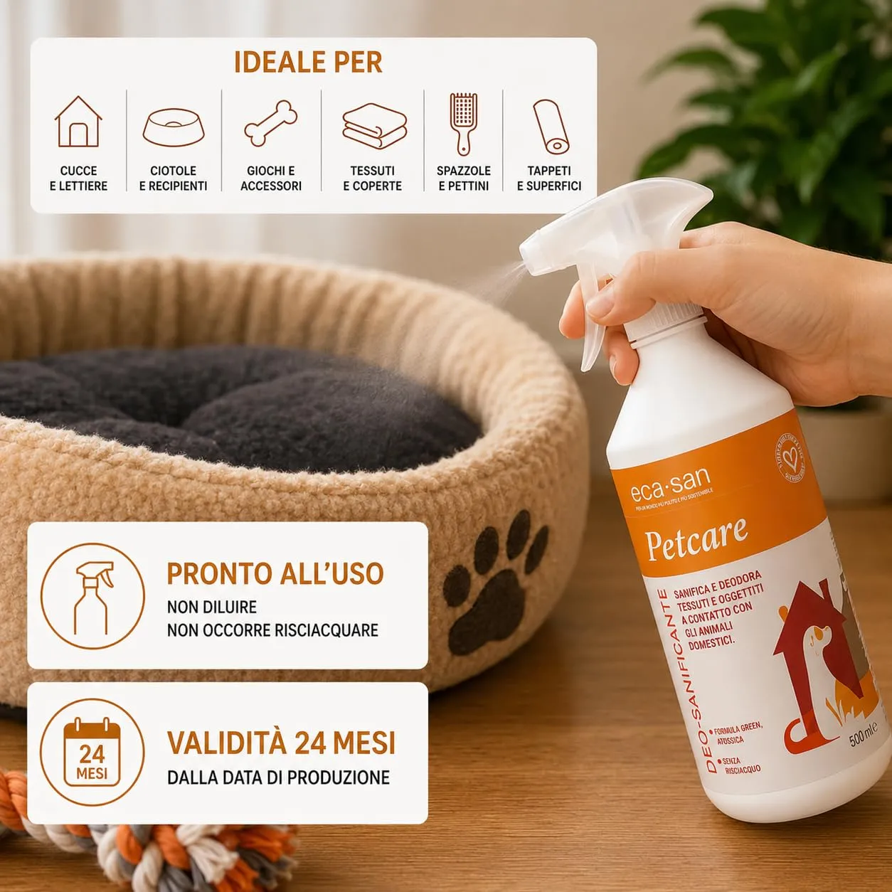 ECA SAN Petcare Pets Deo Sanitizer 500 ml, Spray Igienizzante e Deodorante a Base di Acido Ipocloroso per Cucce, Ciotole, Giochi, Lettiere, Tessuti e Accessori di Cani e Gatti - immagine 4