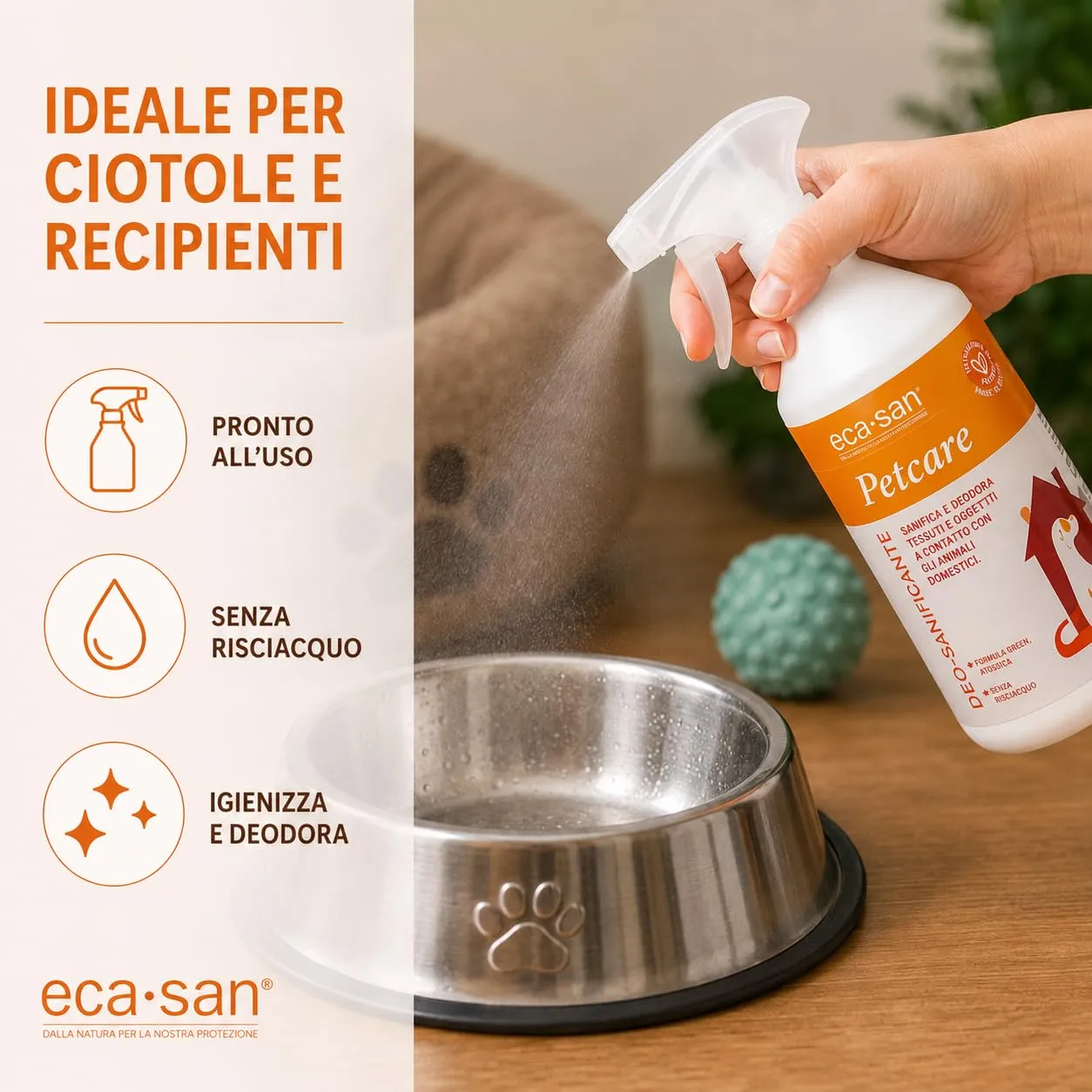 ECA SAN Petcare Pets Deo Sanitizer 500 ml, Spray Igienizzante e Deodorante a Base di Acido Ipocloroso per Cucce, Ciotole, Giochi, Lettiere, Tessuti e Accessori di Cani e Gatti - immagine 5