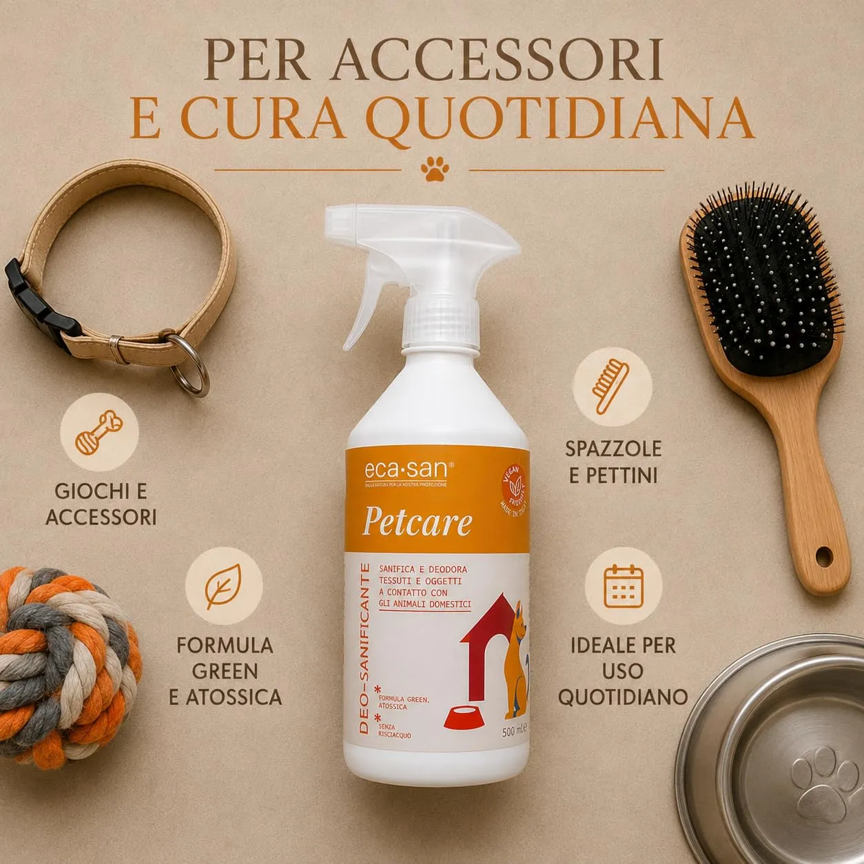 ECA SAN Petcare Pets Deo Sanitizer 500 ml, Spray Igienizzante e Deodorante a Base di Acido Ipocloroso per Cucce, Ciotole, Giochi, Lettiere, Tessuti e Accessori di Cani e Gatti - immagine 6