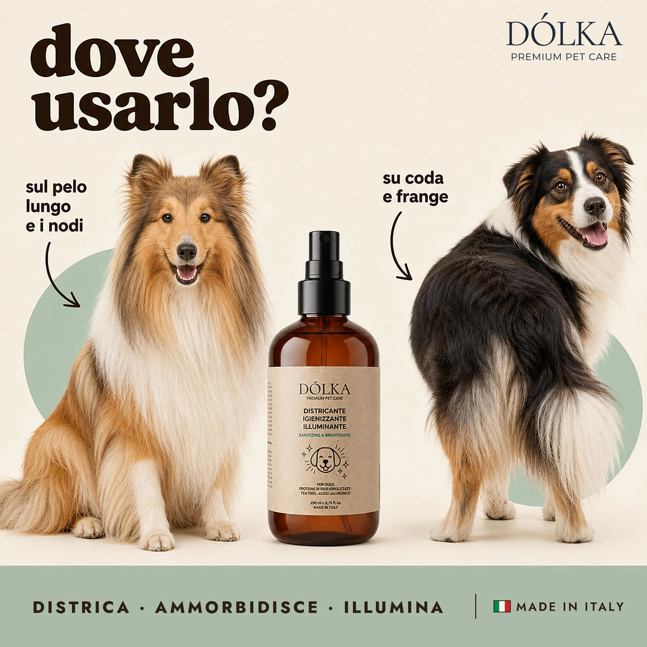 Dolka Districante Pelo Cane Senza Risciacquo 250 ml, Spray Sciogli Nodi per Cani, Districante e Illuminante, con Proteine del Riso, Aloe, Calendula, Lavanda e Canapa - immagine 3