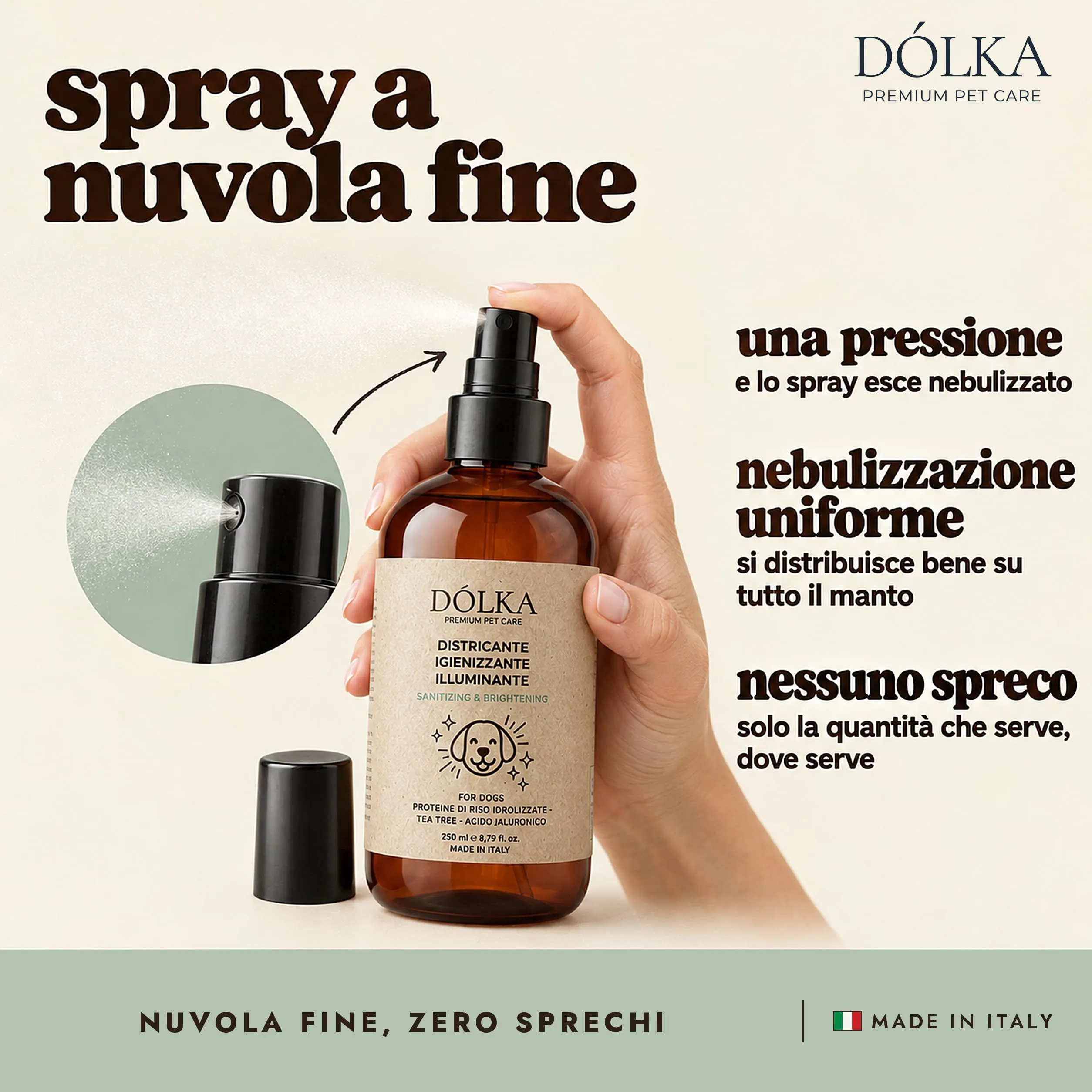 Dolka Districante Pelo Cane Senza Risciacquo 250 ml, Spray Sciogli Nodi per Cani, Districante e Illuminante, con Proteine del Riso, Aloe, Calendula, Lavanda e Canapa - immagine 4