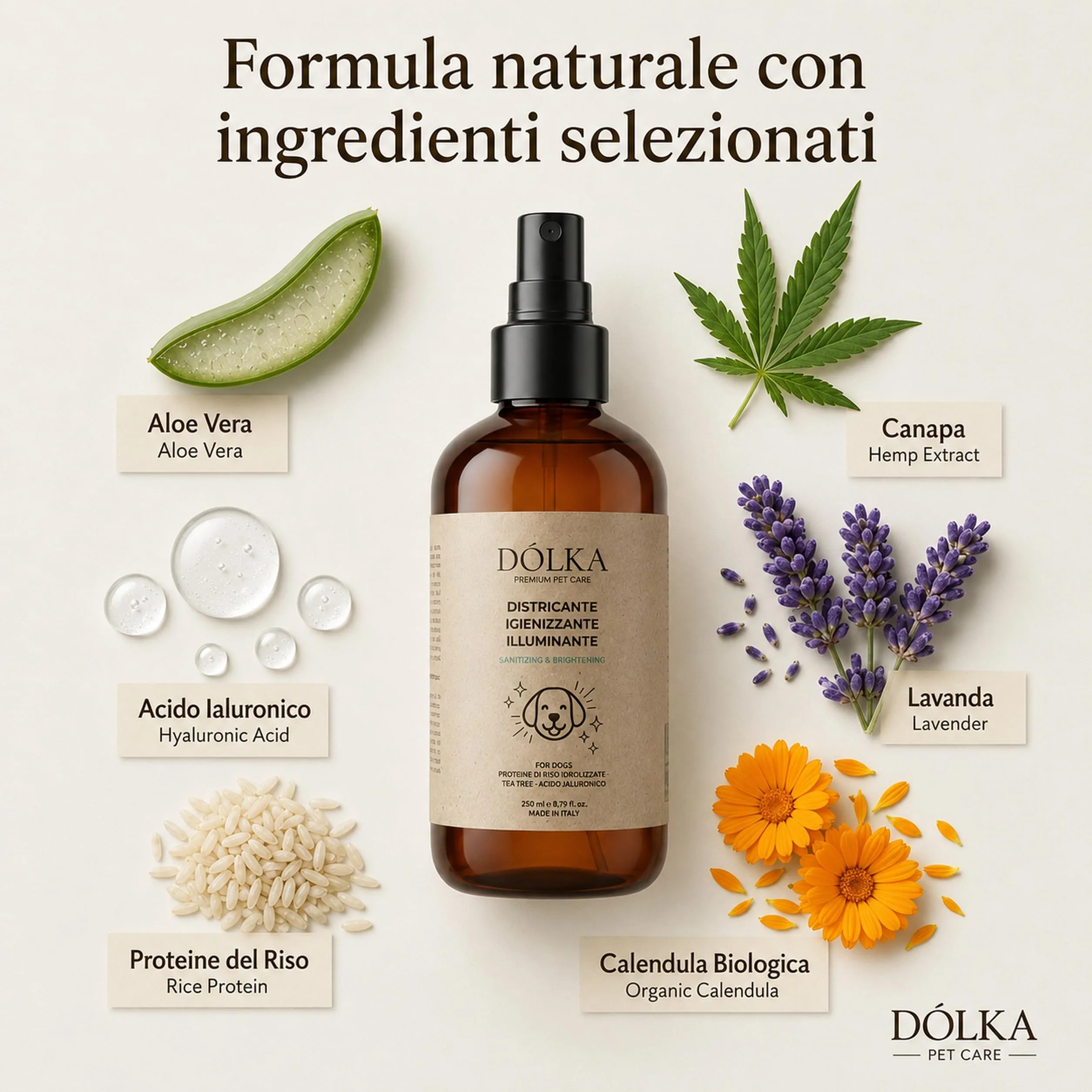 Dolka Districante Pelo Cane Senza Risciacquo 250 ml, Spray Sciogli Nodi per Cani, Districante e Illuminante, con Proteine del Riso, Aloe, Calendula, Lavanda e Canapa - immagine 7