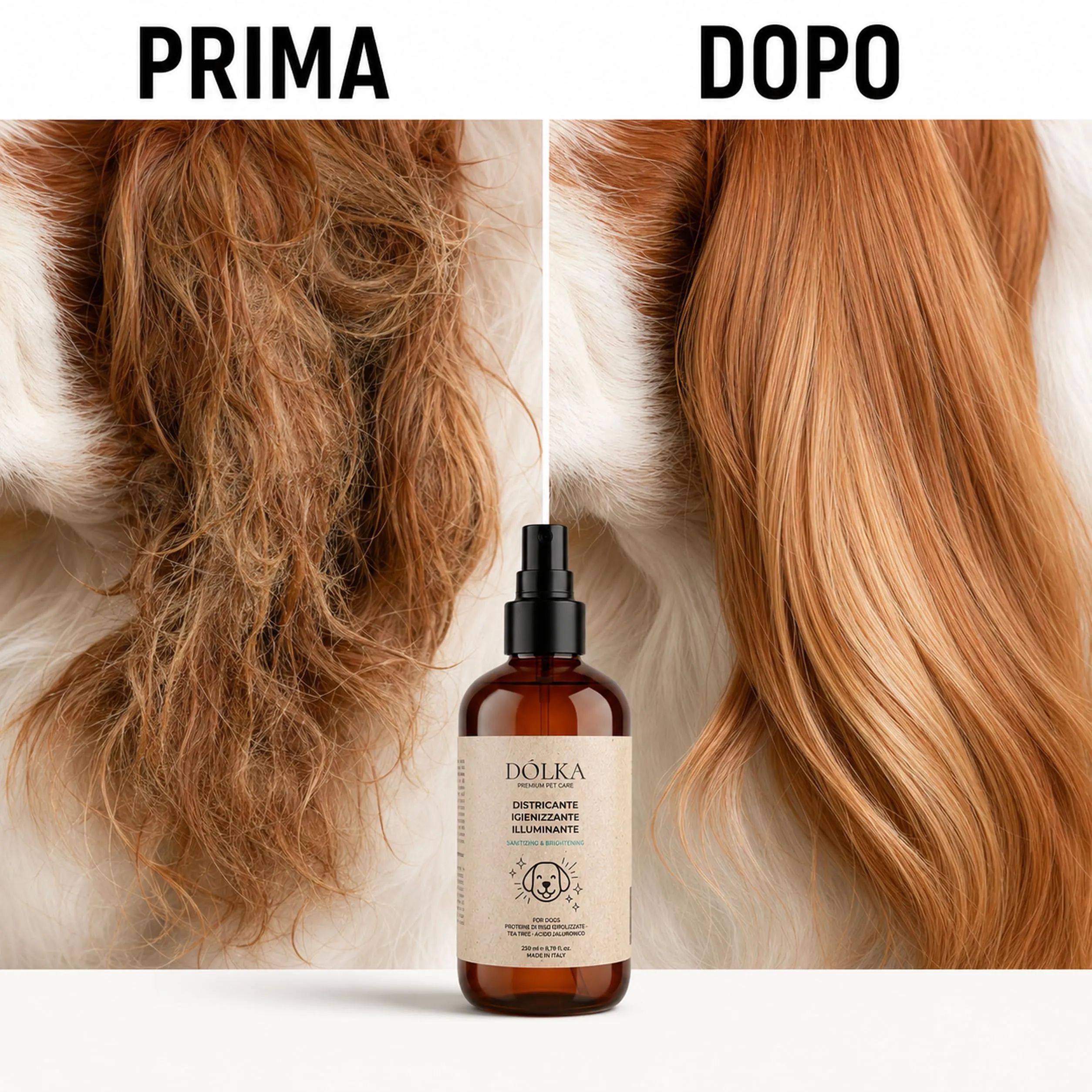 Dolka Districante Pelo Cane Senza Risciacquo 250 ml, Spray Sciogli Nodi per Cani, Districante e Illuminante, con Proteine del Riso, Aloe, Calendula, Lavanda e Canapa - immagine 8
