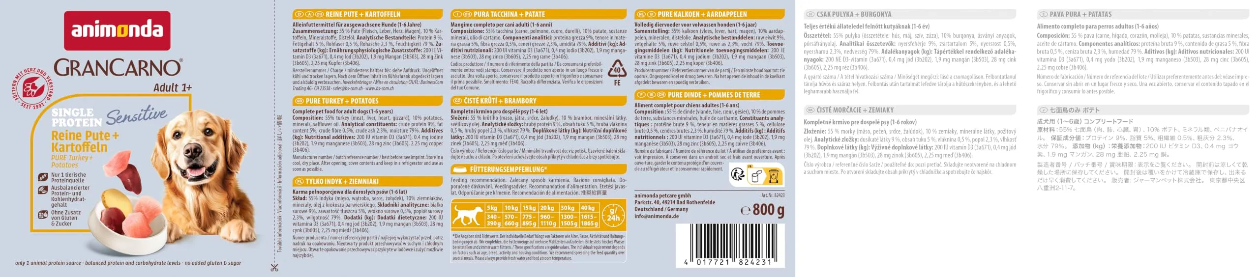 animonda GranCarno Sensitiv Adult cibo per cani, alimento umido per cani adulti, puro tacchino + patate, 6 x 800 g - immagine 4