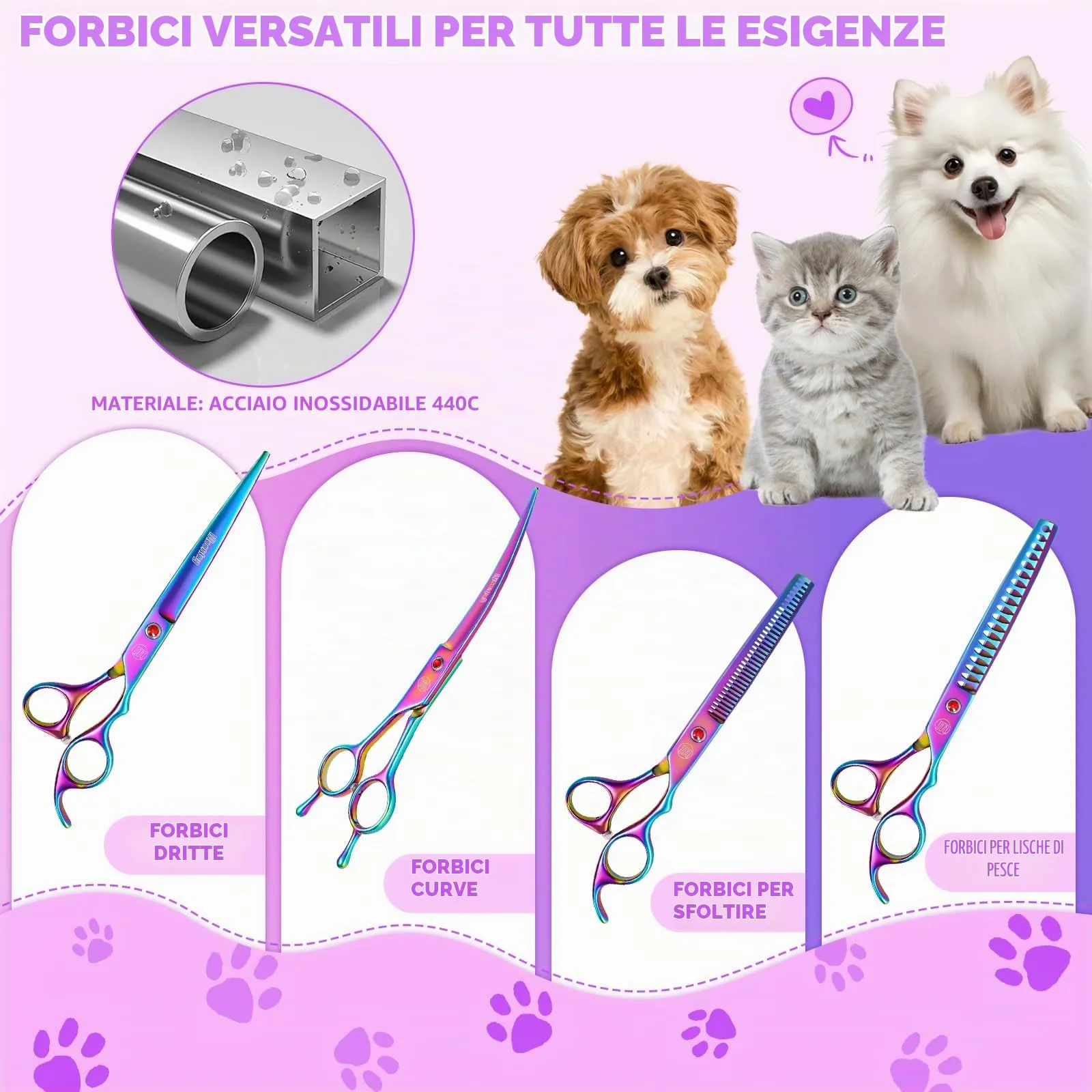 Moontay 8 In 1 Set Forbici Toelettatura Cani Professionali, Colore - immagine 3