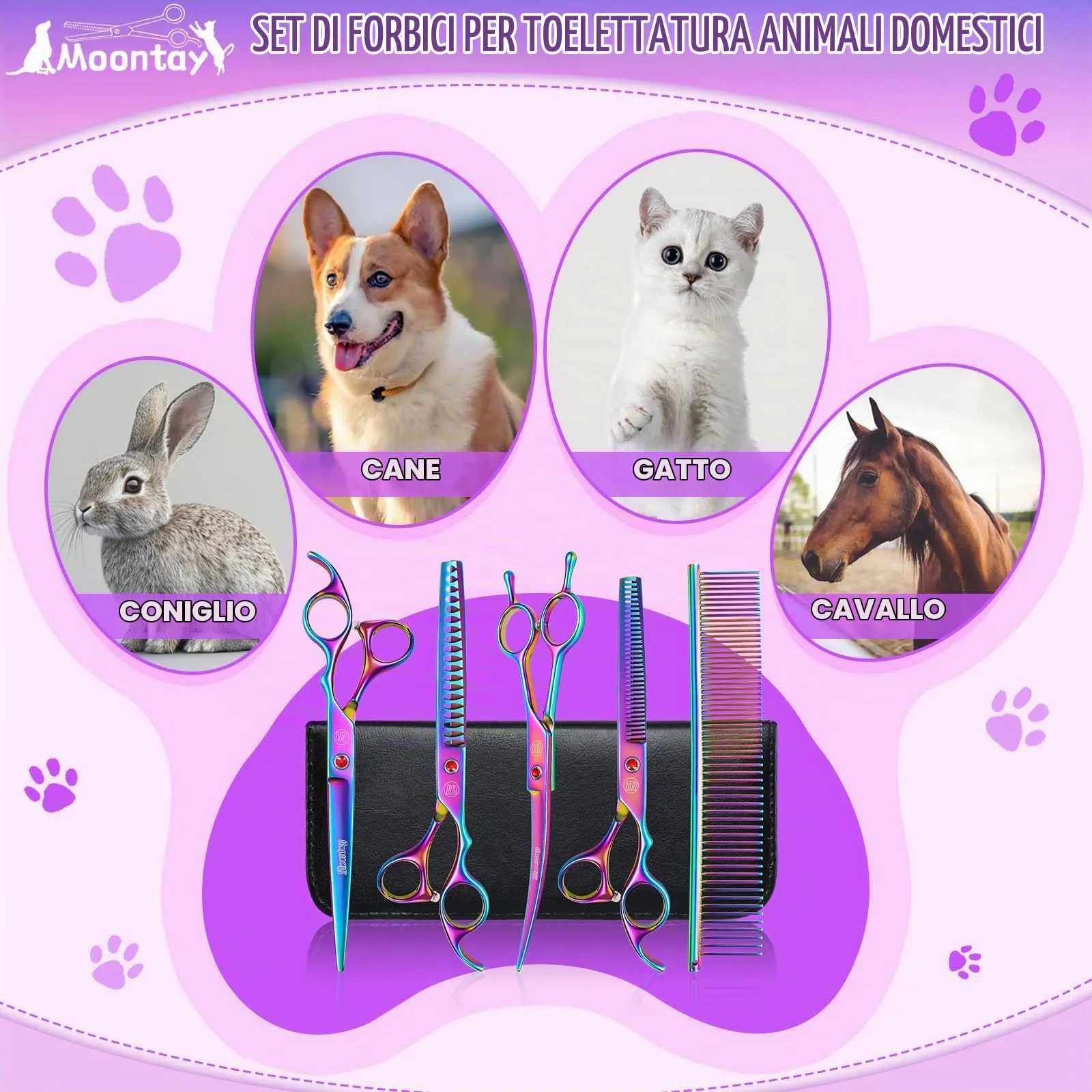 Moontay 8 In 1 Set Forbici Toelettatura Cani Professionali, Colore - immagine 7