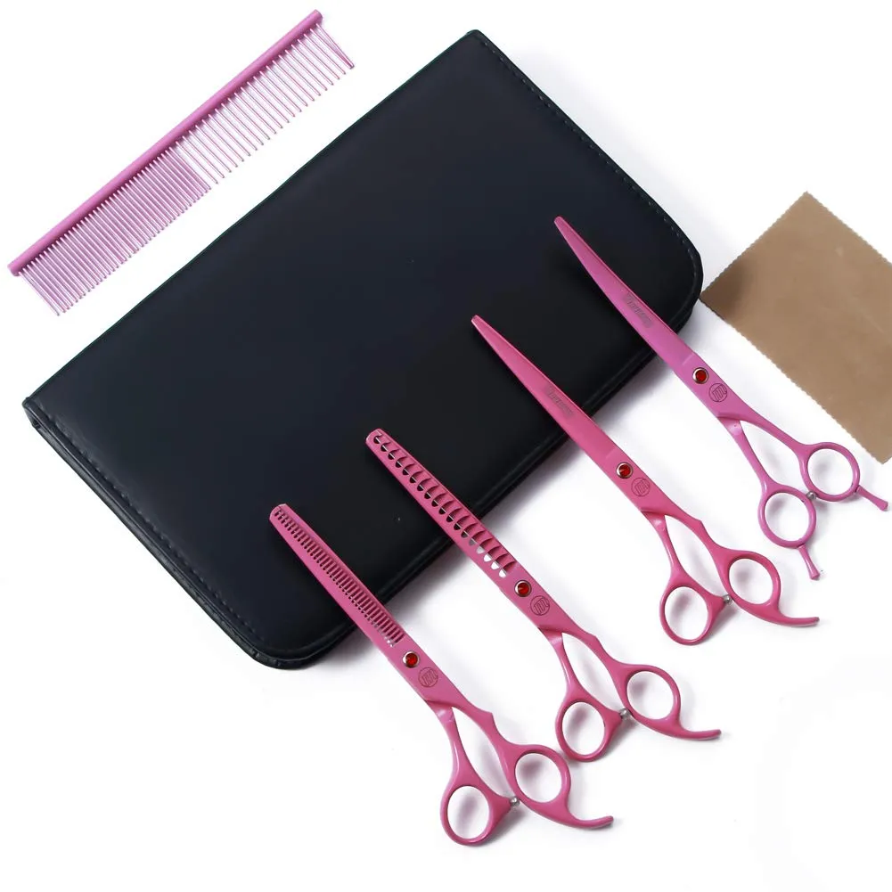 Set di forbici professionali per cani, forbici curve da 17,8 cm e 20,3 cm e forbici per sfoltire con pettine per toelettatura - immagine 1