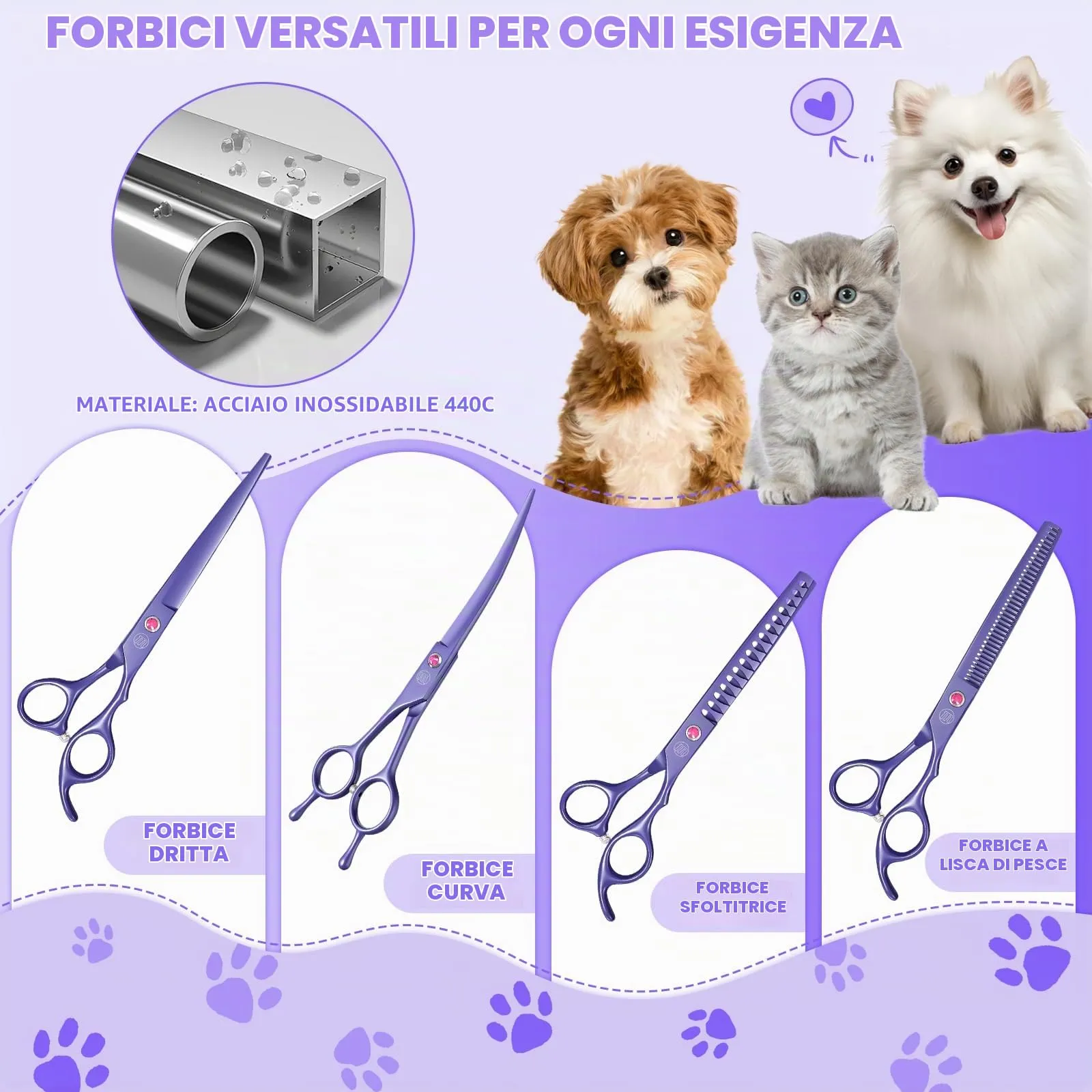 Moontay 8 In 1 Set Forbici Toelettatura Cani Professionali, Viola - immagine 3