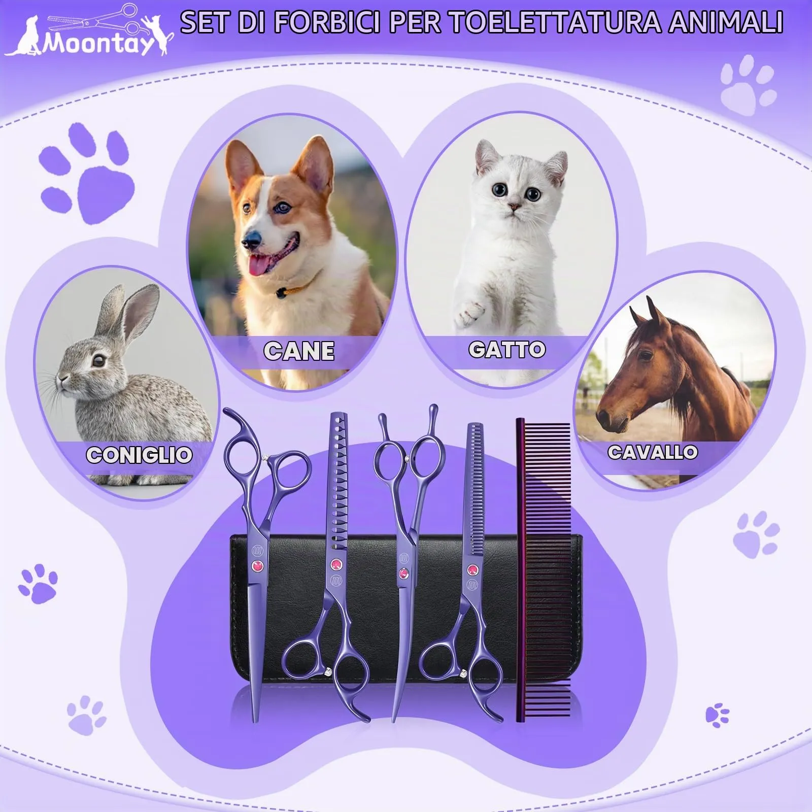 Moontay 8 In 1 Set Forbici Toelettatura Cani Professionali, Viola - immagine 7
