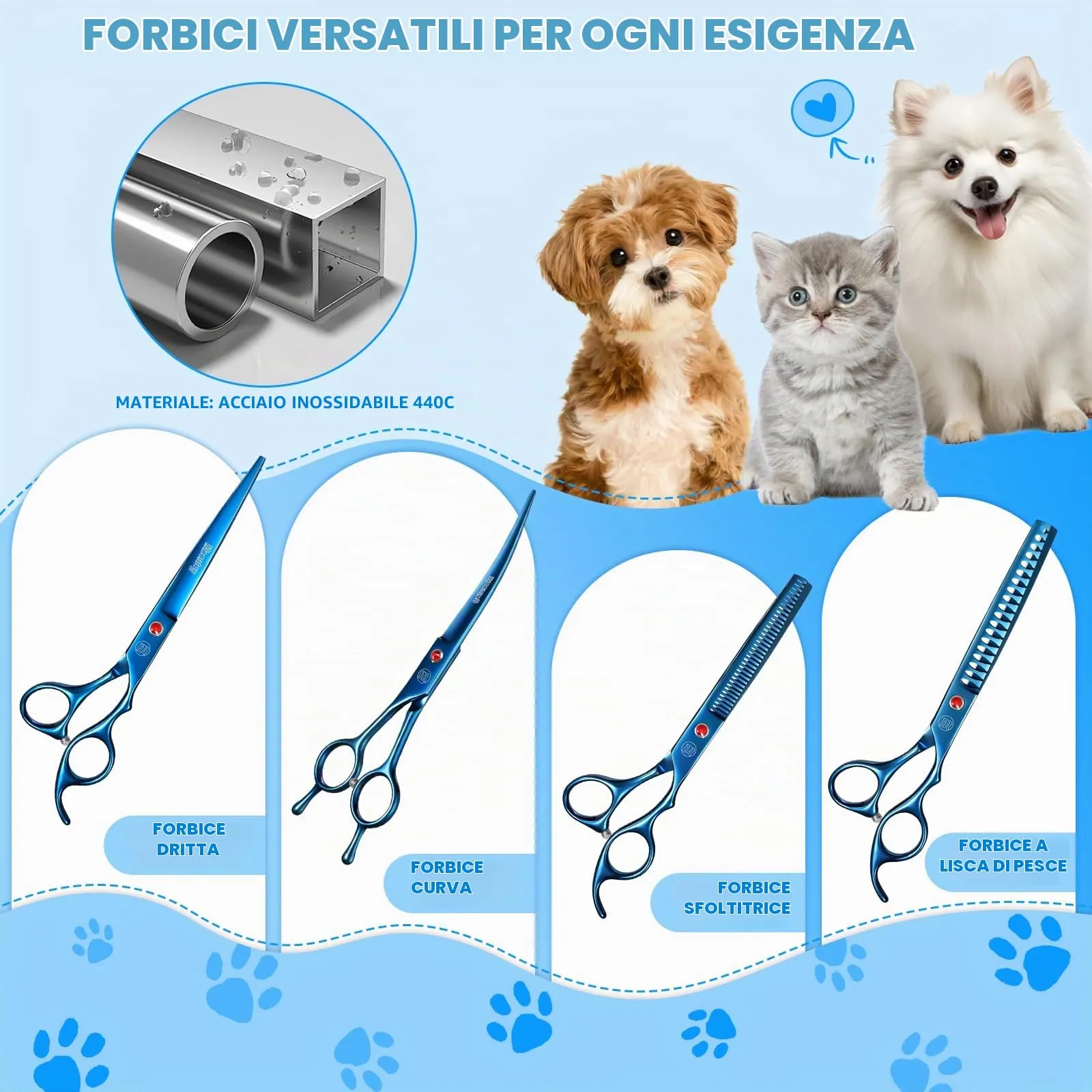 Moontay 8 In 1 Set Forbici Toelettatura Cani Professionali, Blu - immagine 3