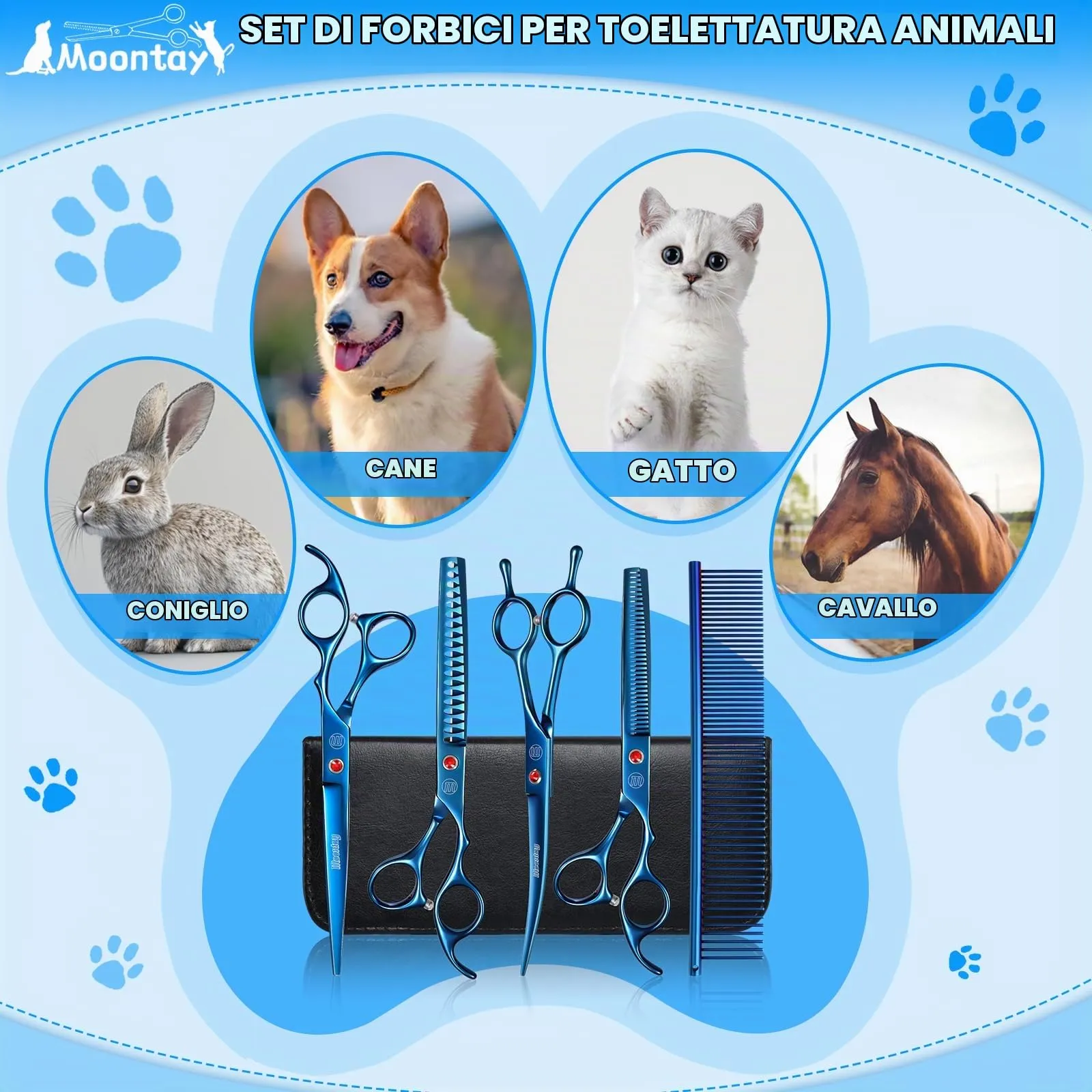 Moontay 8 In 1 Set Forbici Toelettatura Cani Professionali, Blu - immagine 7