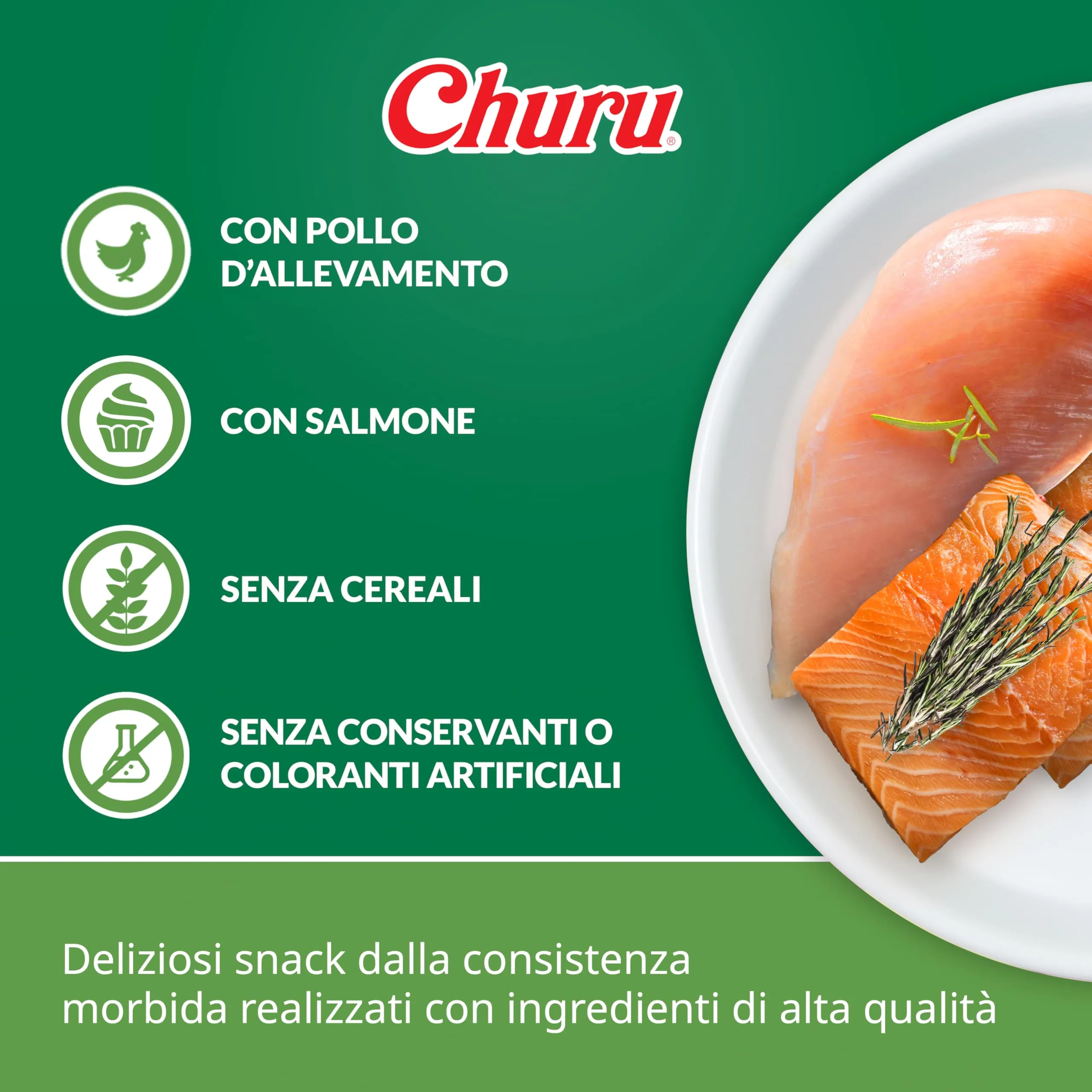 INABA Churu Snack per Cani Cremoso al Pollo e Salmone - 1 Pack (8 Stick x 20gr) - Premietti Cane Ipocalorici, Morbidi e Deliziosi, Cibo per Cani Senza Conservanti o Coloranti Artificiali, Grain-Free - immagine 2