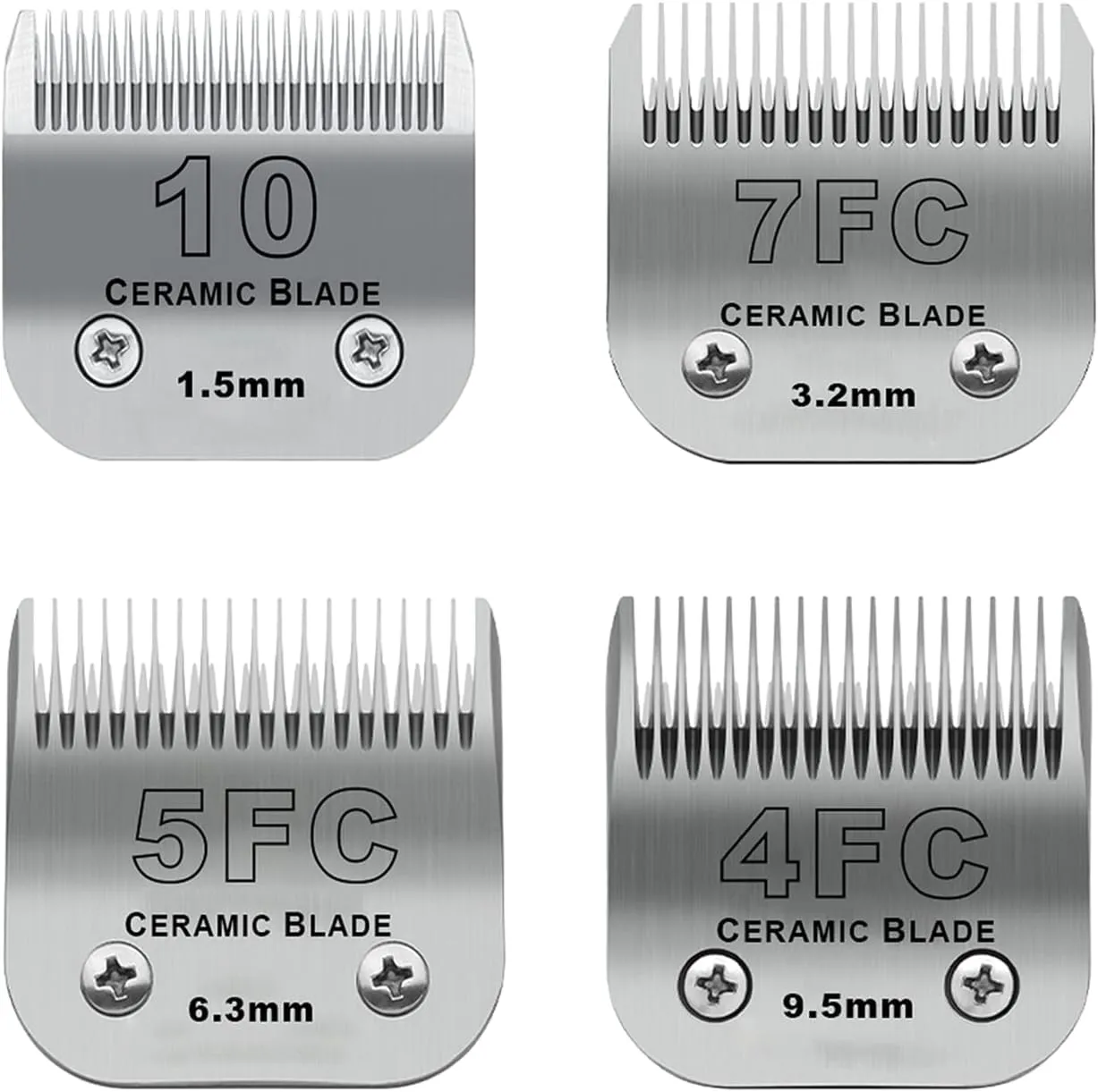 BESTBOMG 4 Pezzi Lama di Ricambio per toelettatura di Cani, Compatibile con Le Serie Heiniger/Moser Max45/Andis/A5, Tosaerba per Cani, Taglia 1,5 mm-9,5 mm, Lunghezza di Taglio (10+7FC+5FC+4FC) - immagine 1