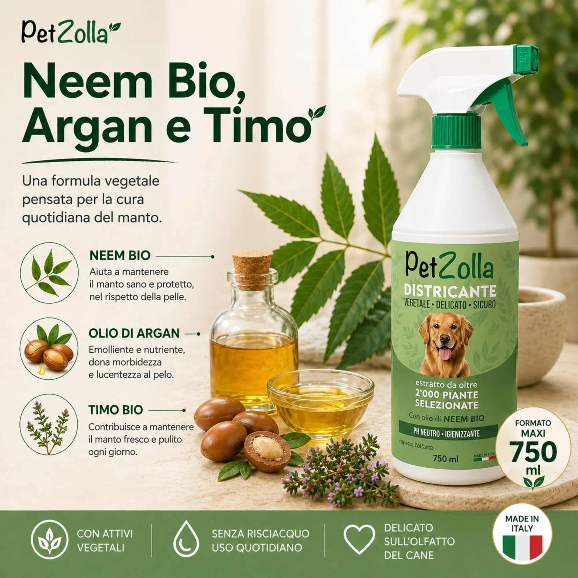 Spray districante sciogli nodi pelo cane 750ml, Districante pelo cane con Olio di Neem Bio, Argan e Timo, protegge nutre ed igienizza, delicato ed efficacie, Made in Italy - immagine 2