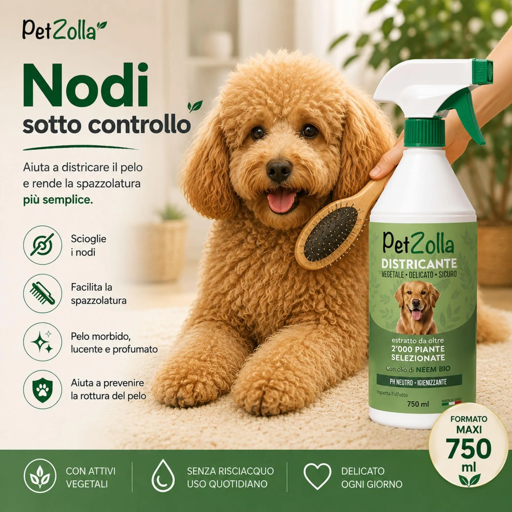 Spray districante sciogli nodi pelo cane 750ml, Districante pelo cane con Olio di Neem Bio, Argan e Timo, protegge nutre ed igienizza, delicato ed efficacie, Made in Italy - immagine 3