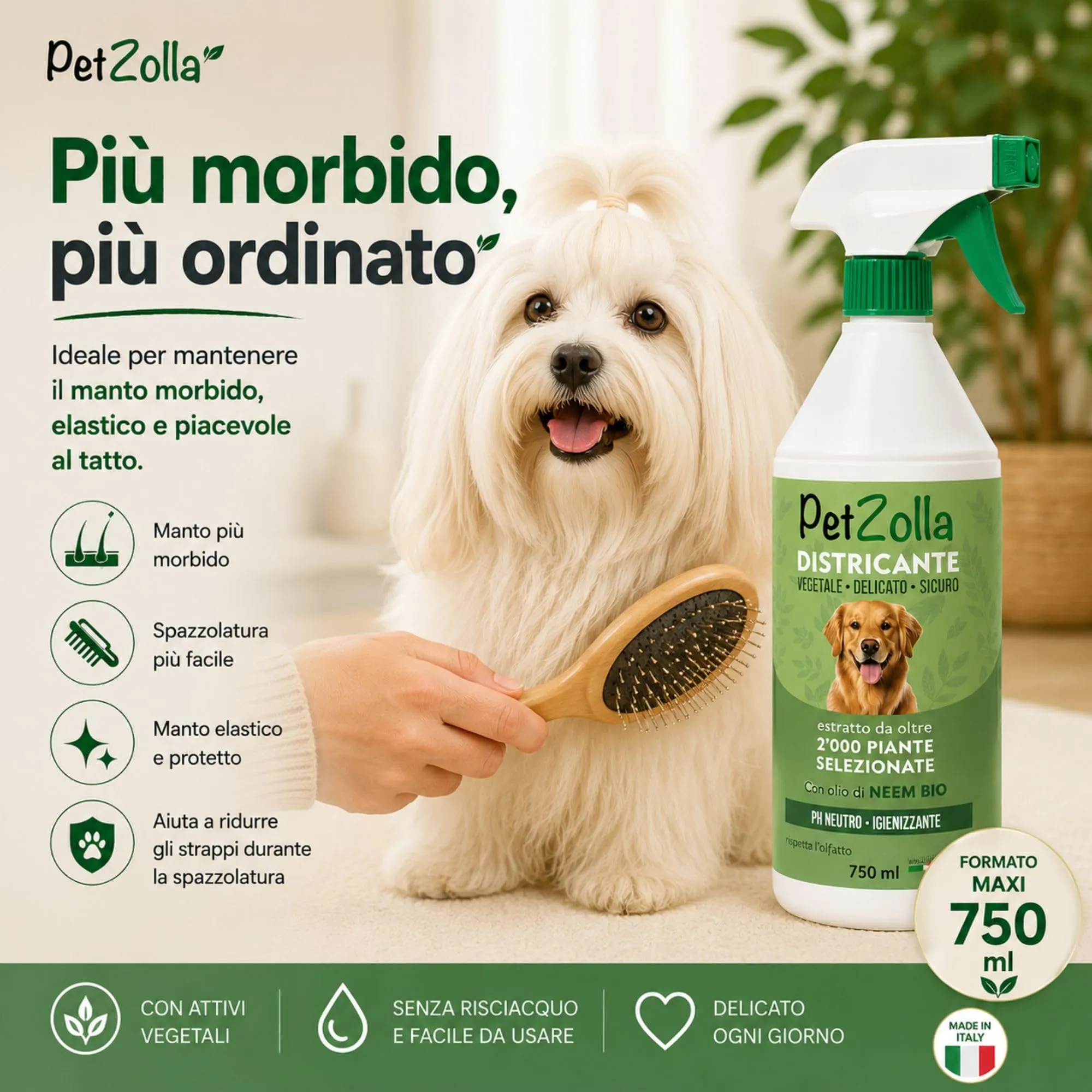 Spray districante sciogli nodi pelo cane 750ml, Districante pelo cane con Olio di Neem Bio, Argan e Timo, protegge nutre ed igienizza, delicato ed efficacie, Made in Italy - immagine 4