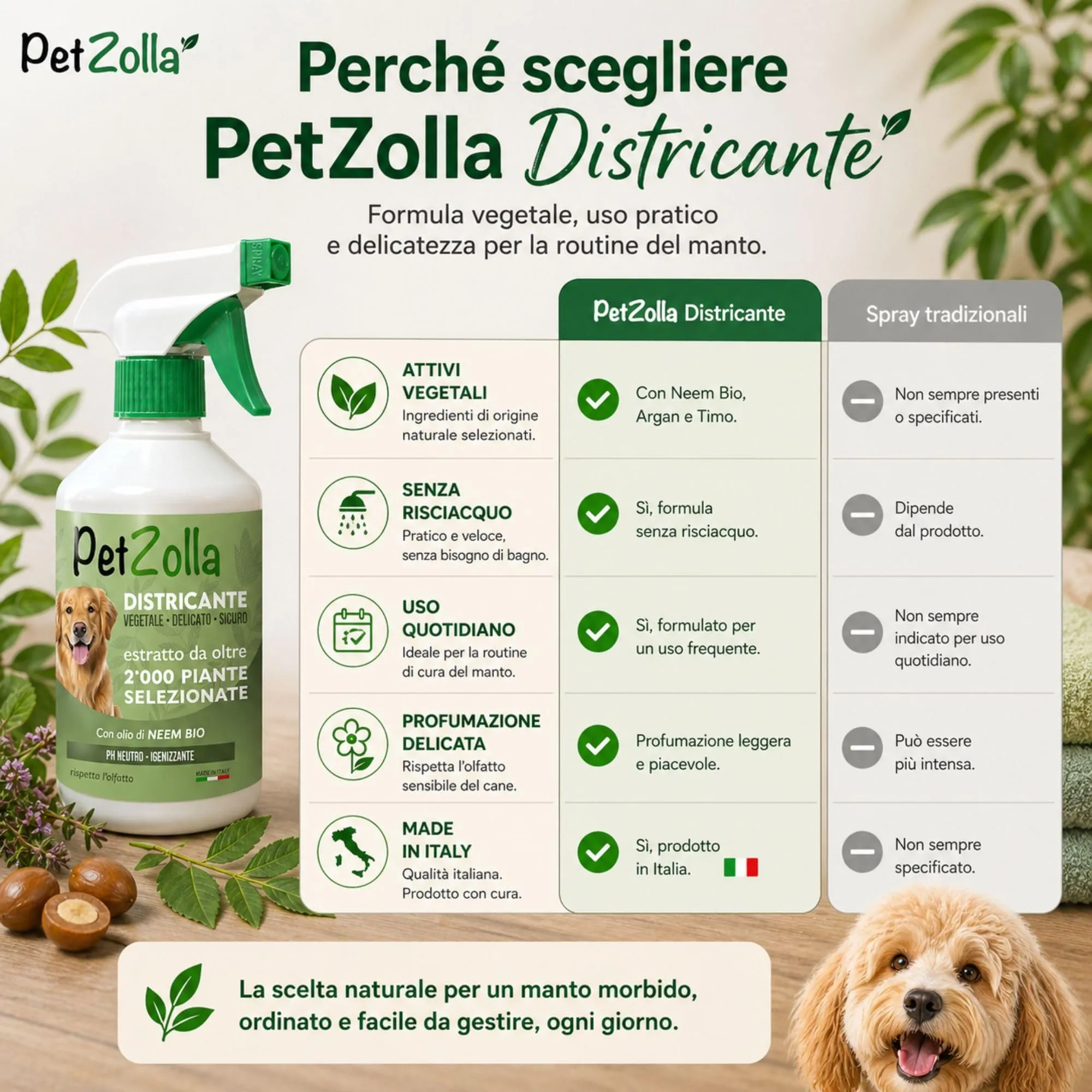 Spray districante sciogli nodi pelo cane 750ml, Districante pelo cane con Olio di Neem Bio, Argan e Timo, protegge nutre ed igienizza, delicato ed efficacie, Made in Italy - immagine 7