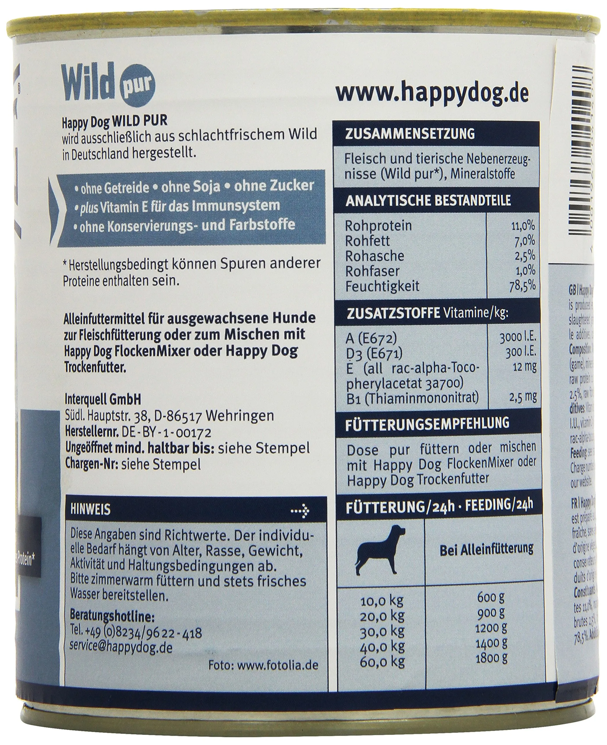 Happy Dog Carne in scatola Wild Pur, 800 g, confezione da 6 (6 x 800 g) - immagine 2
