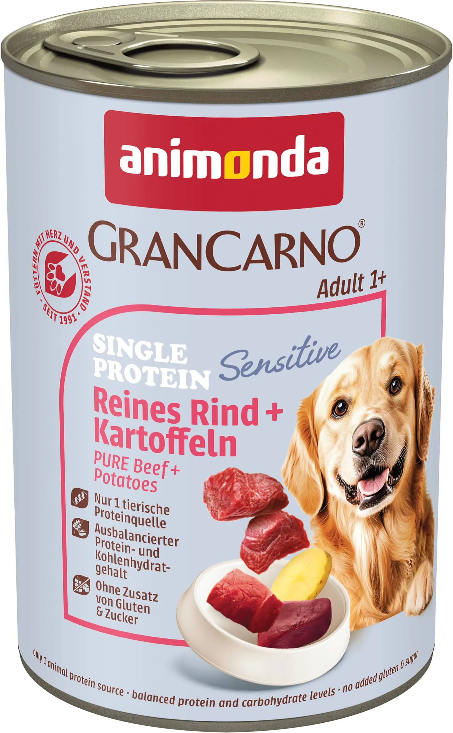 animonda GranCarno Sensitiv Adult cibo per cani, alimento umido per cani adulti, puro manzo + patate, 6 x 400 g - immagine 1