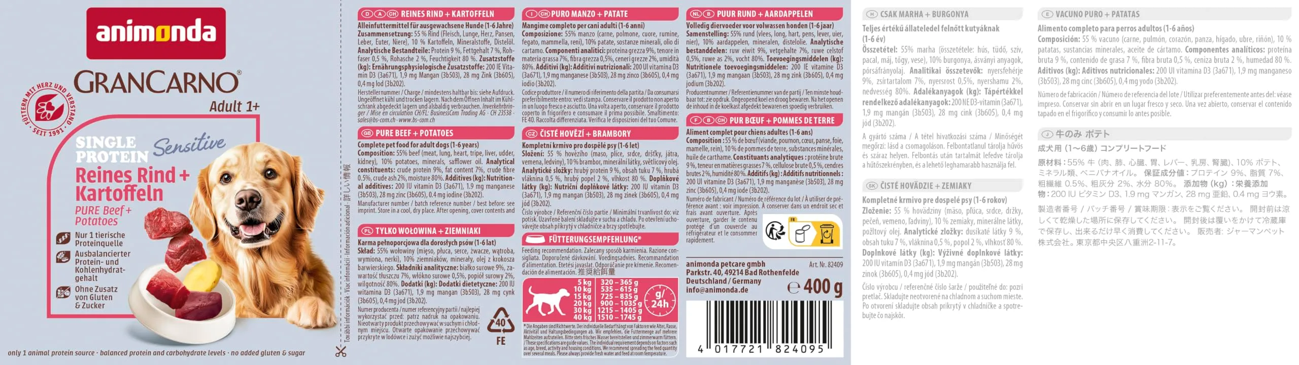 animonda GranCarno Sensitiv Adult cibo per cani, alimento umido per cani adulti, puro manzo + patate, 6 x 400 g - immagine 4