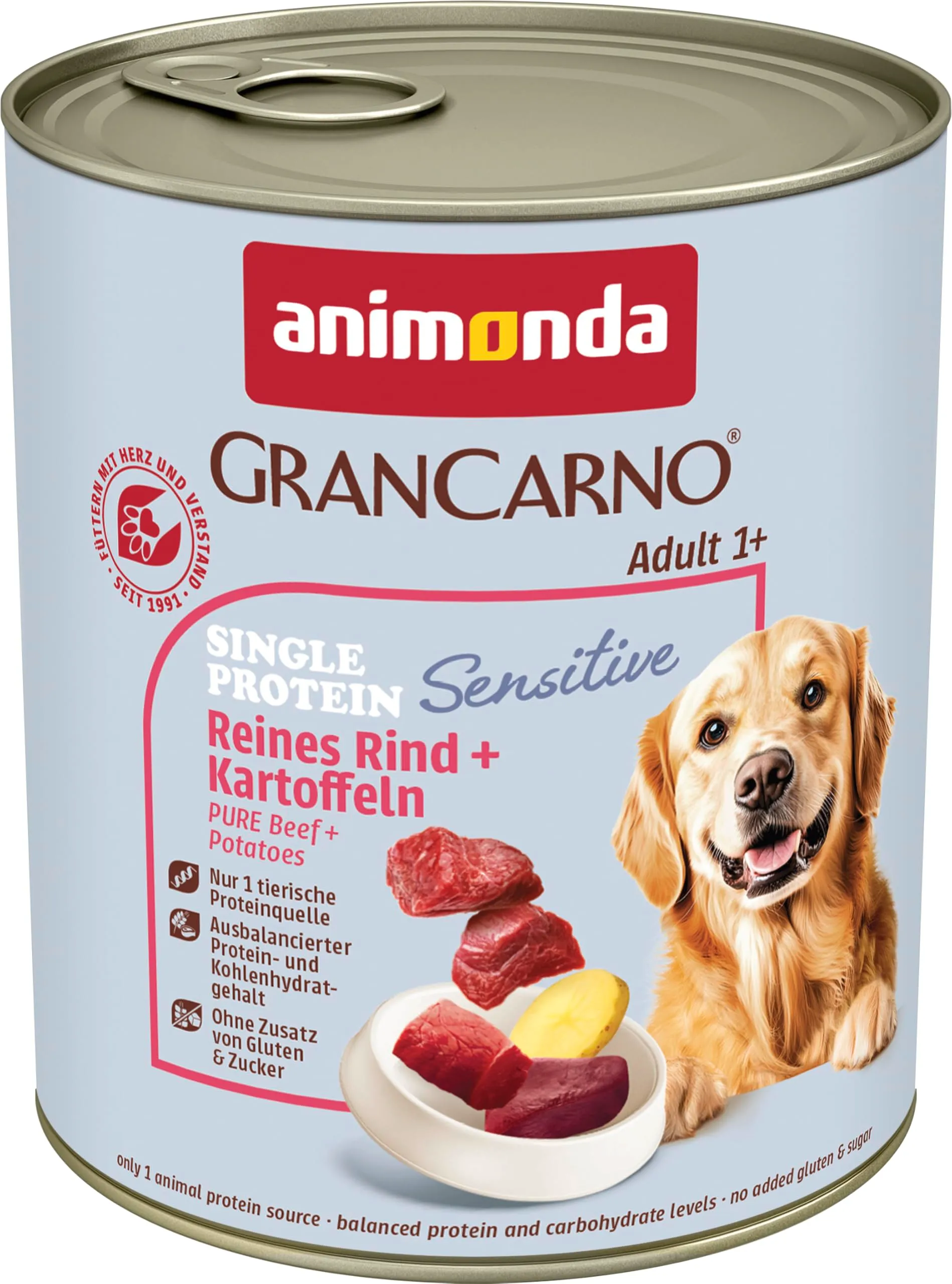 animonda GranCarno Sensitiv Adult cibo per cani, alimento umido per cani adulti, puro manzo + patate, 6 x 800 g - immagine 1