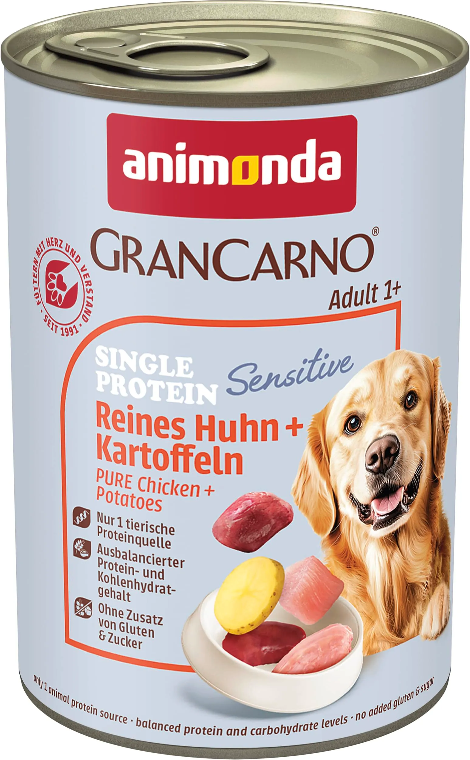 animonda GranCarno Sensitiv Adult cibo per cani, alimento umido per cani adulti, puro pollo + patate, 6 x 400 g - immagine 1